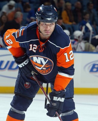 UNIONDALE, NY - SEPTEMBER 24: Chris Simon #12 of the New York Islanders looks on against the New York Rangers during their NHL preseason game on September 24, 2007 at Nassau Coliseum in Uniondale, New York. (Photo by Jim McIsaac/Getty Images)