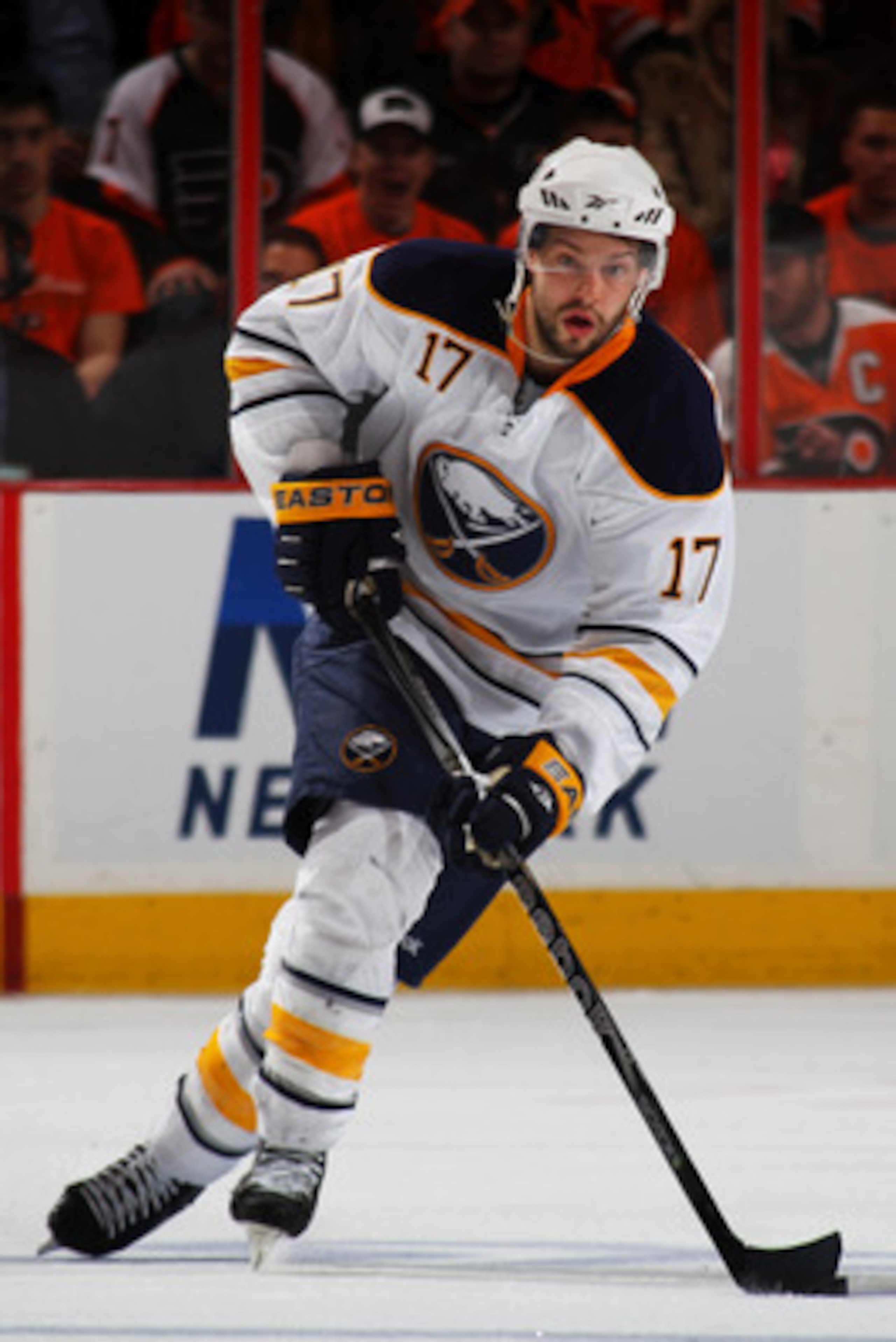 PHILADELPHIA, PA - APRIL 22: Marc-Andre Gragnani #17 of the Buffalo Sabres controls the puck against the Philadelphia Flyers in Game Five of the Eastern Conference Quarterfinals during the 2011 NHL Stanley Cup Playoffs at Wells Fargo Center on April 22, PHILADELPHIA, PA - APRIL 22: Marc-Andre Gragnani #17 of the Buffalo Sabres controls the puck against the Philadelphia Flyers in Game Five of the Eastern Conference Quarterfinals during the 2011 NHL Stanley Cup Playoffs at Wells Fargo Center on April 22,