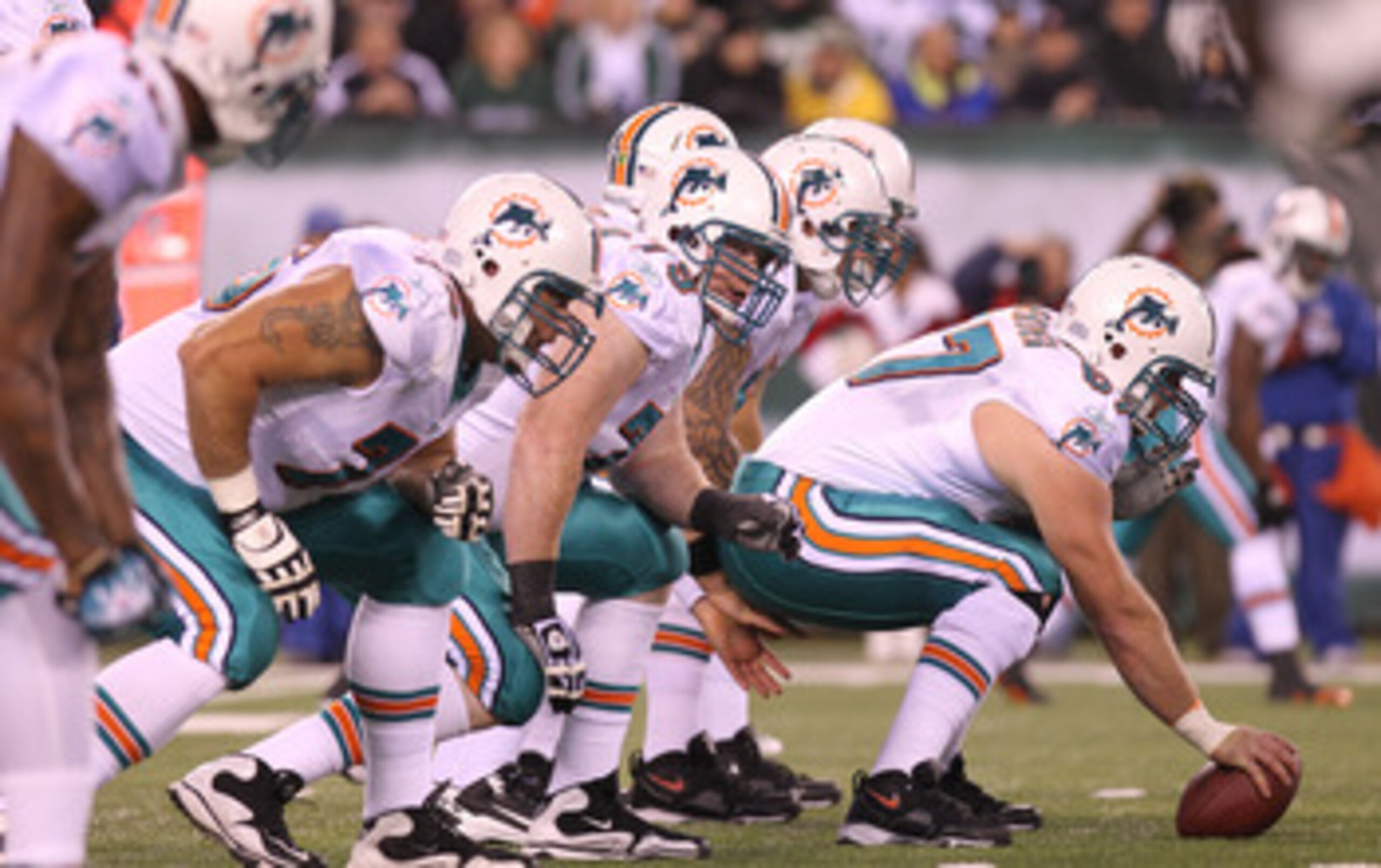 EAST RUTHERFORD, NJ - DECEMBER 12:  The Miami Dolphins offensive line against the New York Jets at New Meadowlands Stadium on December 12, 2010 in East Rutherford, New Jersey.  (Photo by Nick Laham/Getty Images)