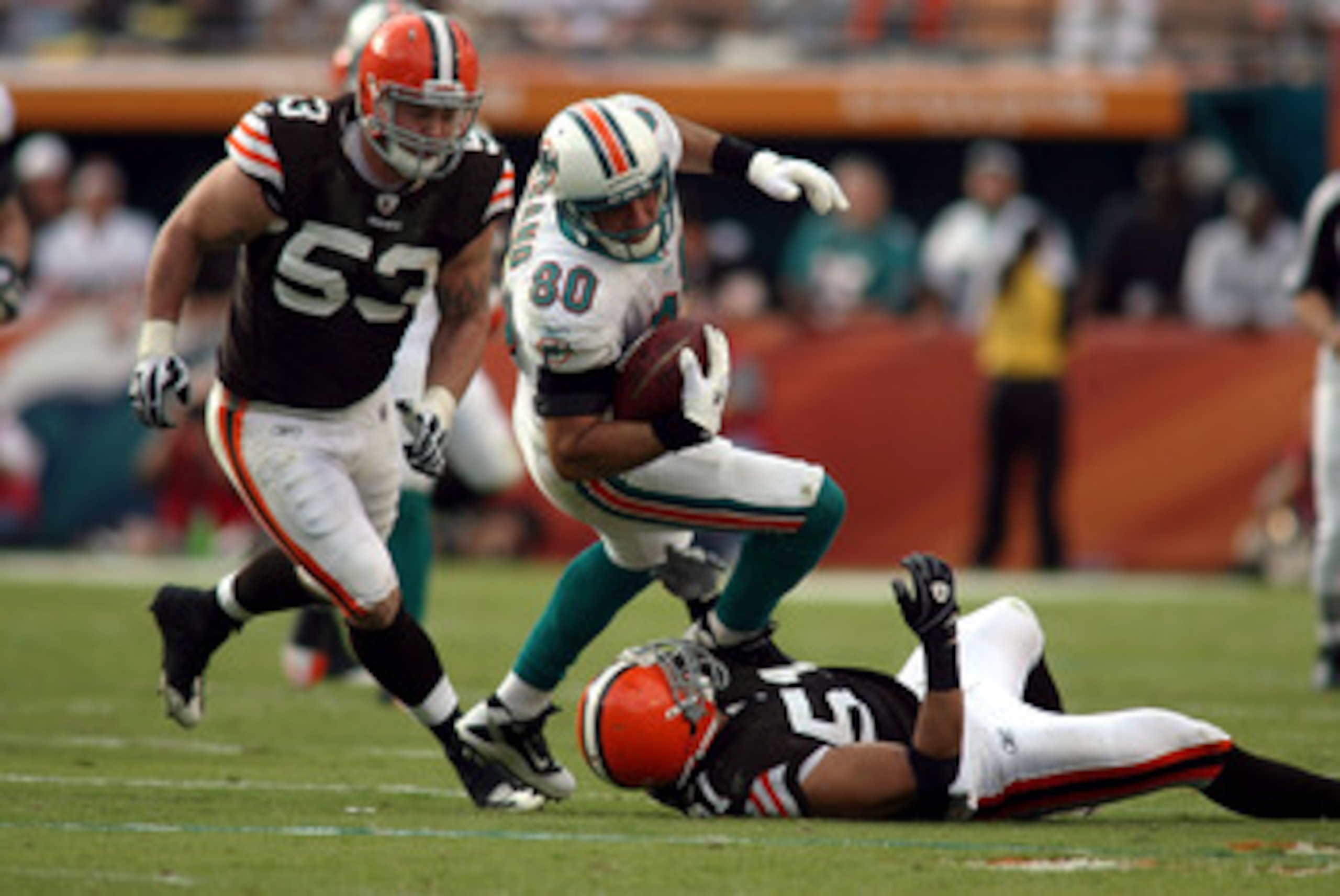 MIAMI - DECEMBER 05:  Tight end Anthony Fasano #80 of the Miami Dolphins is brought down by Linebackers Matt Roth #53 and Chris Gocong #51 of the Cleveland Browns at Sun Life Stadium on December 5, 2010 in Miami, Florida. Cleveland defeated miami 13-10.