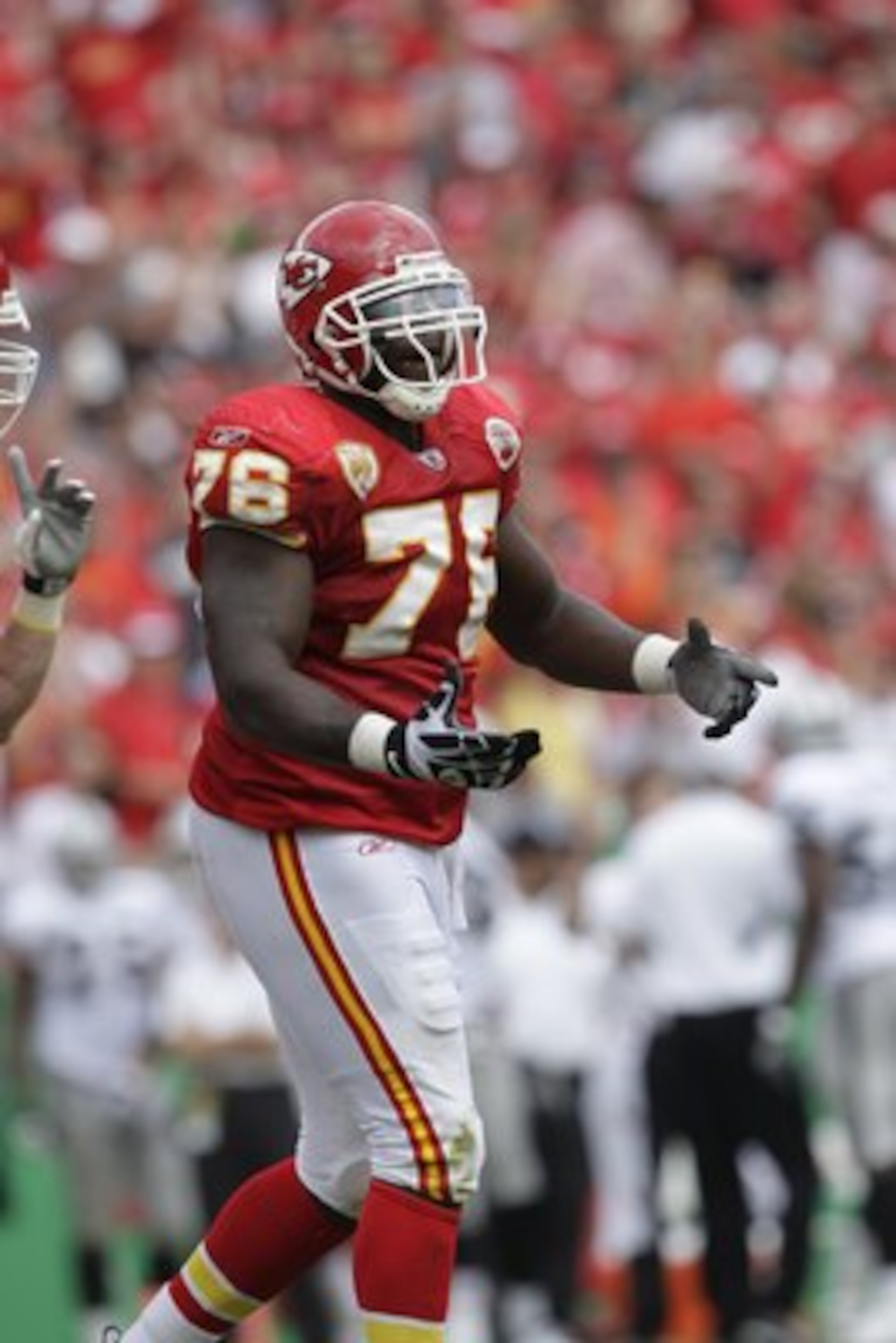 KANSAS CITY, MO - SEPTEMBER 20:  Branden Albert #76 of the Kansas City Chiefs reacts during the game against the Oakland Raiders at Arrowhead Stadium on September 20, 2009 in Kansas City, Missouri. (Photo by Jamie Squire/Getty Images)
