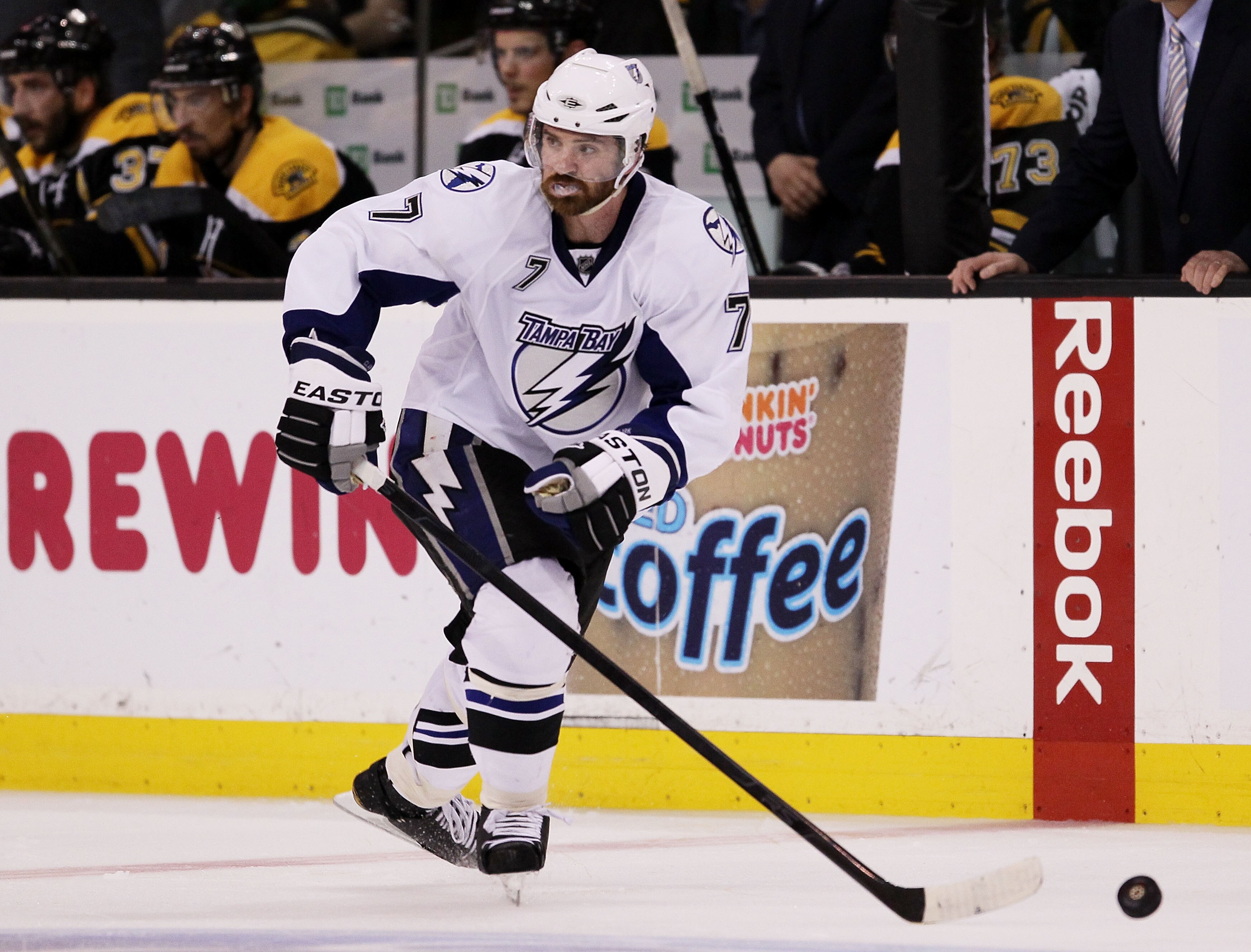 BOSTON, MA - MAY 23:  Brett Clark #7 of the Tampa Bay Lightning controls the puck in Game Five of the Eastern Conference Finals against the Boston Bruins during the 2011 NHL Stanley Cup Playoffs at TD Garden on May 23, 2011 in Boston, Massachusetts.  (Pho
