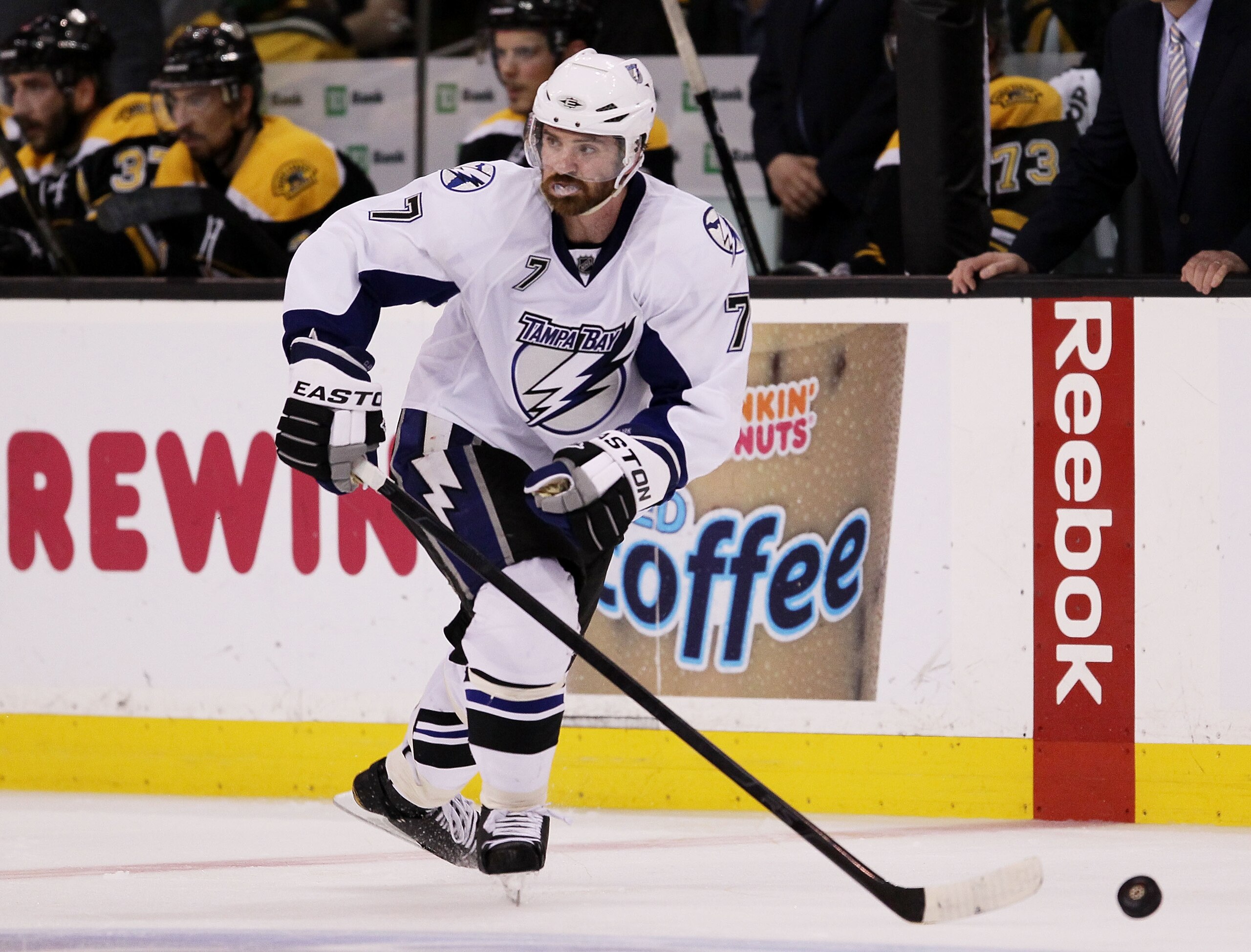 BOSTON, MA - MAY 23:  Brett Clark #7 of the Tampa Bay Lightning controls the puck in Game Five of the Eastern Conference Finals against the Boston Bruins during the 2011 NHL Stanley Cup Playoffs at TD Garden on May 23, 2011 in Boston, Massachusetts.  (Pho