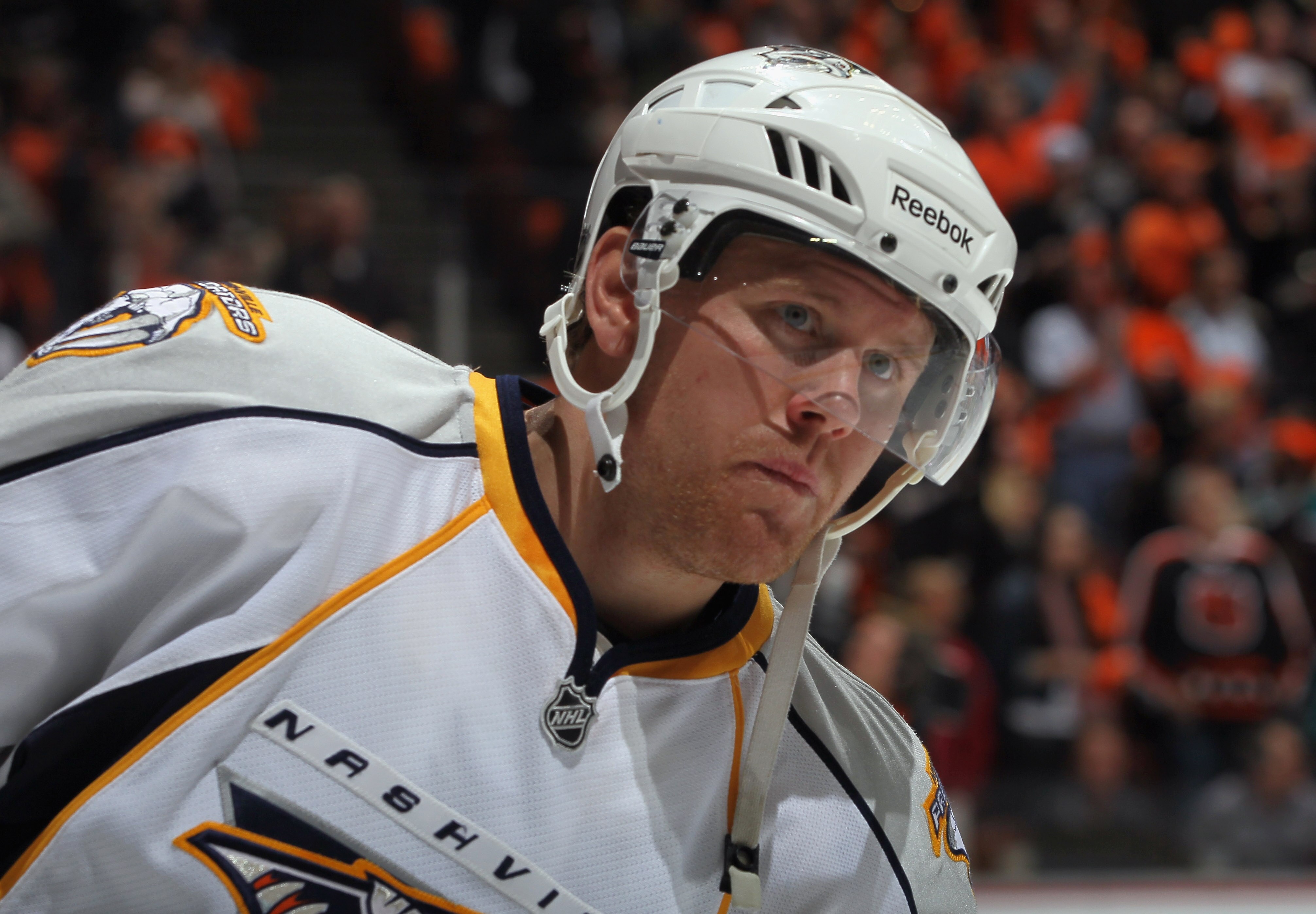 ANAHEIM, CA - APRIL 15:  Patric Hornqvist #27 of the Nashville Predators skates prior to the start of Game Two of the Western Conference Quarterfinals against the Anaheim Ducks during the 2011 NHL Stanley Cup Playoffs at Honda Center on April 15, 2011 in 