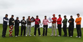 NEWPORT, WALES - MAY 30:  Victor Dubuisson of France, John daly of the USA, Ian Woosnam of Wales, Gary Player of South Africa, Paul Casey of England, Graeme McDowell of Northern Ireland, Paula Creamer of the USA, Ian Poulter of England, Helen Alfredsson o