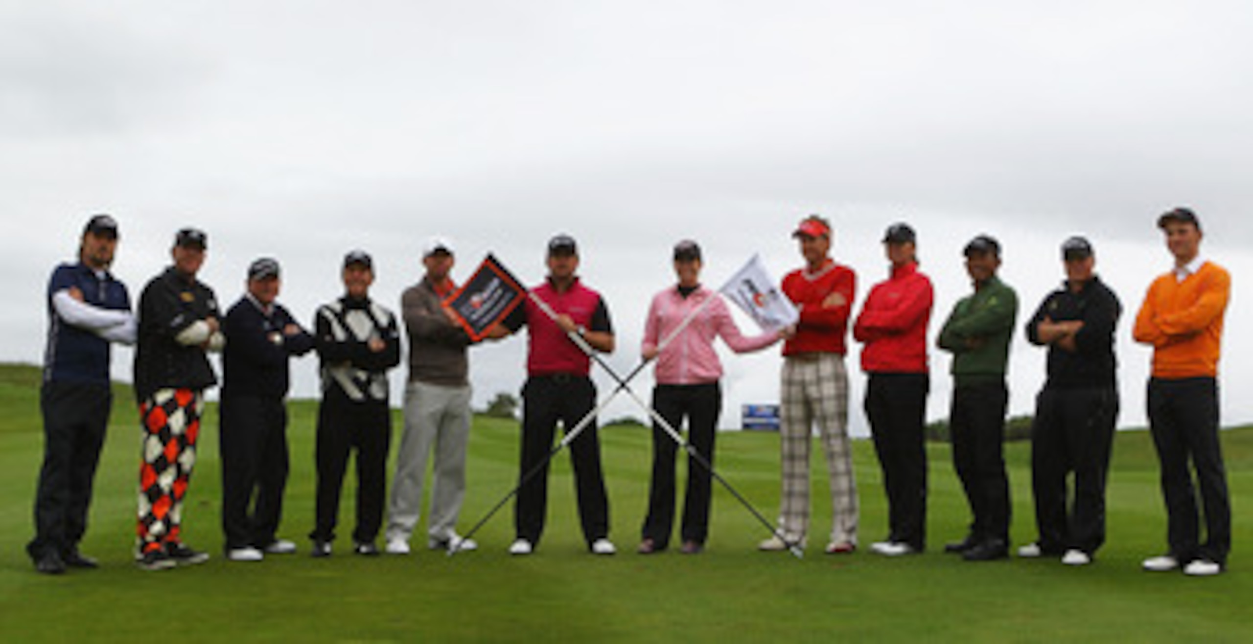 NEWPORT, WALES - MAY 30:  Victor Dubuisson of France, John daly of the USA, Ian Woosnam of Wales, Gary Player of South Africa, Paul Casey of England, Graeme McDowell of Northern Ireland, Paula Creamer of the USA, Ian Poulter of England, Helen Alfredsson o