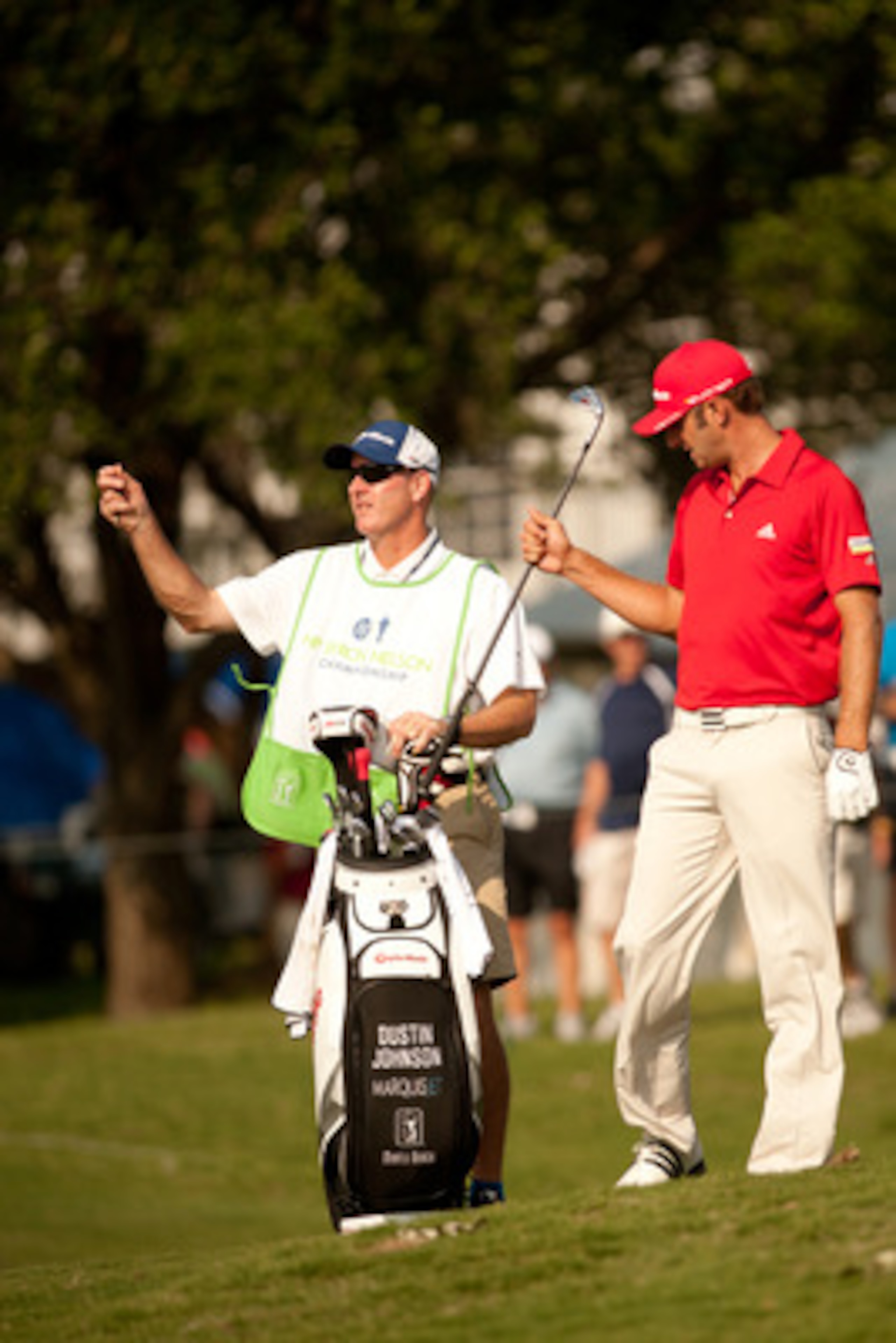IRVING, TX - MAY 28: Dustin Johnson selects a club next to caddie Joe LaCava during the third round of the HP Byron Nelson Championship at TPC Four Seasons at Las Colinas on May 28, 2011 in Irving, Texas. (Photo by Darren Carroll/Getty Images)
