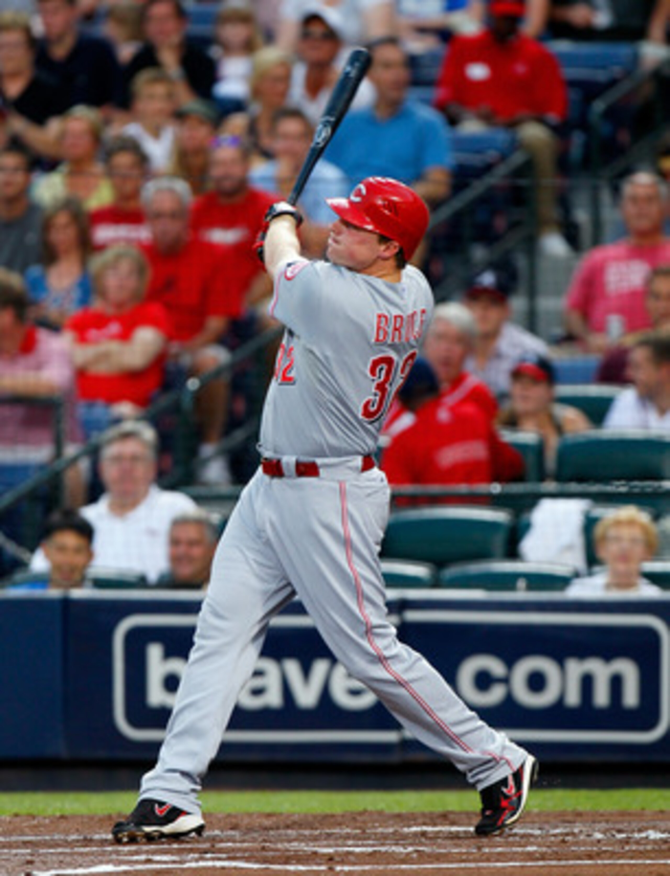 ATLANTA, GA - MAY 29: Jay Bruce #32 of the Cincinnati Reds hits a solo homer in the second inning against the Atlanta Braves at Turner Field on May 29, 2011 in Atlanta, Georgia. (Photo by Kevin C. Cox/Getty Images) ATLANTA, GA - MAY 29: Jay Bruce #32 of the Cincinnati Reds hits a solo homer in the second inning against the Atlanta Braves at Turner Field on May 29, 2011 in Atlanta, Georgia. (Photo by Kevin C. Cox/Getty Images)