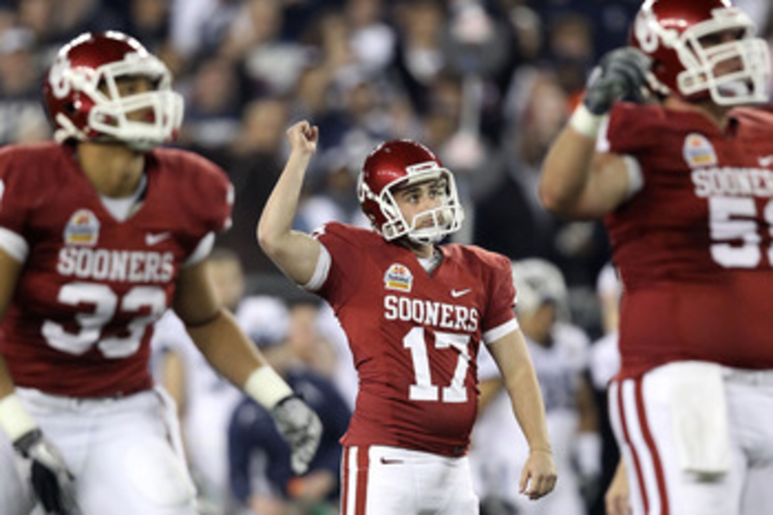 GLENDALE, AZ - JANUARY 01:  Jimmy Stevens #17 of the Oklahoma Sooners reacts after making a 41-yard field goal in the second quarter against the Connecticut Huskies during the Tostitos Fiesta Bowl at the Universtity of Phoenix Stadium on January 1, 2011 i