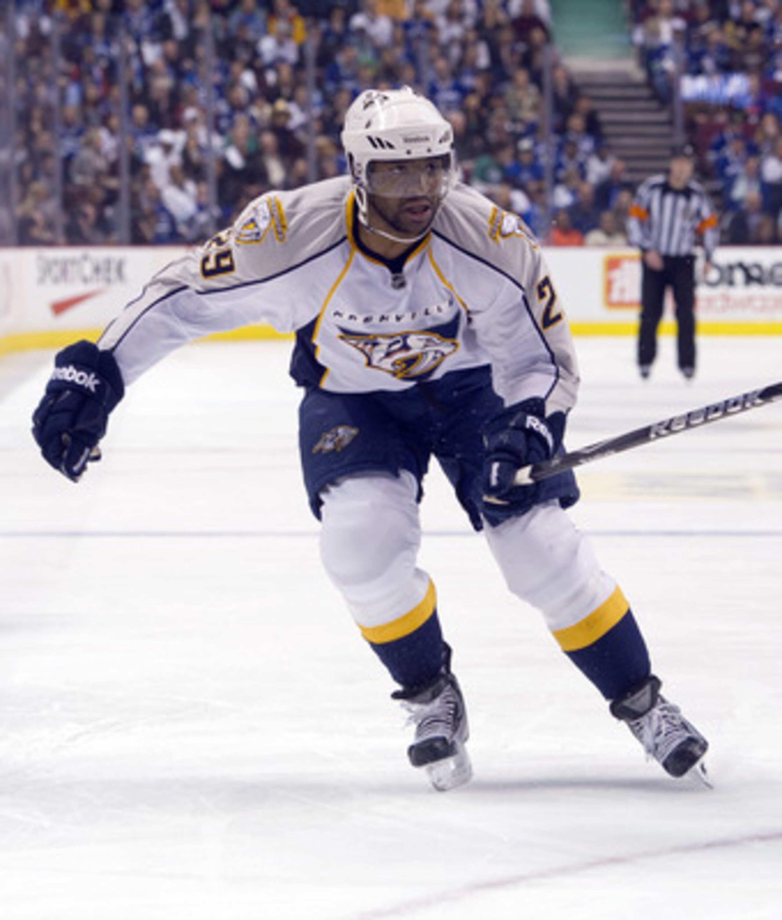 VANCOUVER, CANADA - APRIL 28: Joel Ward #29 of the Nashville Predators skates during Game One of the Western Conference Semifinals against the Vancouver Canucks during the 2011 NHL Stanley Cup Playoffs on April 28, 2011 at Rogers Arena in Vancouver, BC, C VANCOUVER, CANADA - APRIL 28: Joel Ward #29 of the Nashville Predators skates during Game One of the Western Conference Semifinals against the Vancouver Canucks during the 2011 NHL Stanley Cup Playoffs on April 28, 2011 at Rogers Arena in Vancouver, BC, C