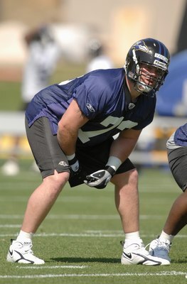 OWINGS MILLS, MD - MAY 4:  Marshall Yanda #73, 3rd round draft pick of the Baltimore Ravens, practices during Ravens rookie camp at their practice facilty on May 4, 2007 in Owings Mills, Maryland..  (Photo by Mitchell Layton/Getty Images)