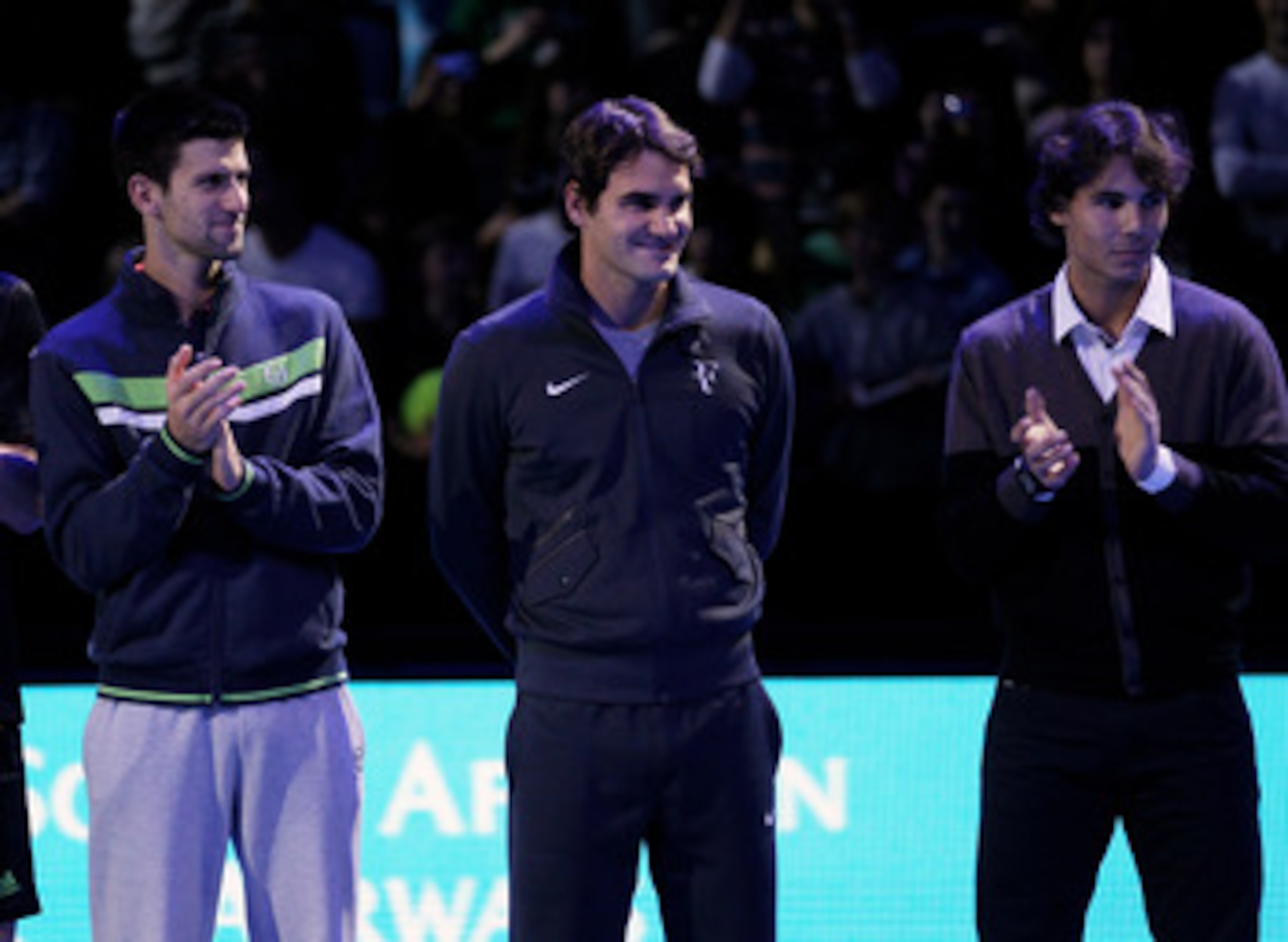 LONDON, ENGLAND - NOVEMBER 21:  (L-R) Andy Murray of Great Britain, Novak Djokovic of Siberia, Roger Federer of Switzerland and Rafael Nadal of Spain attend a ceremony for Carlos Moya's retirement during the Barclays ATP World Tour Finals at O2 Arena on N