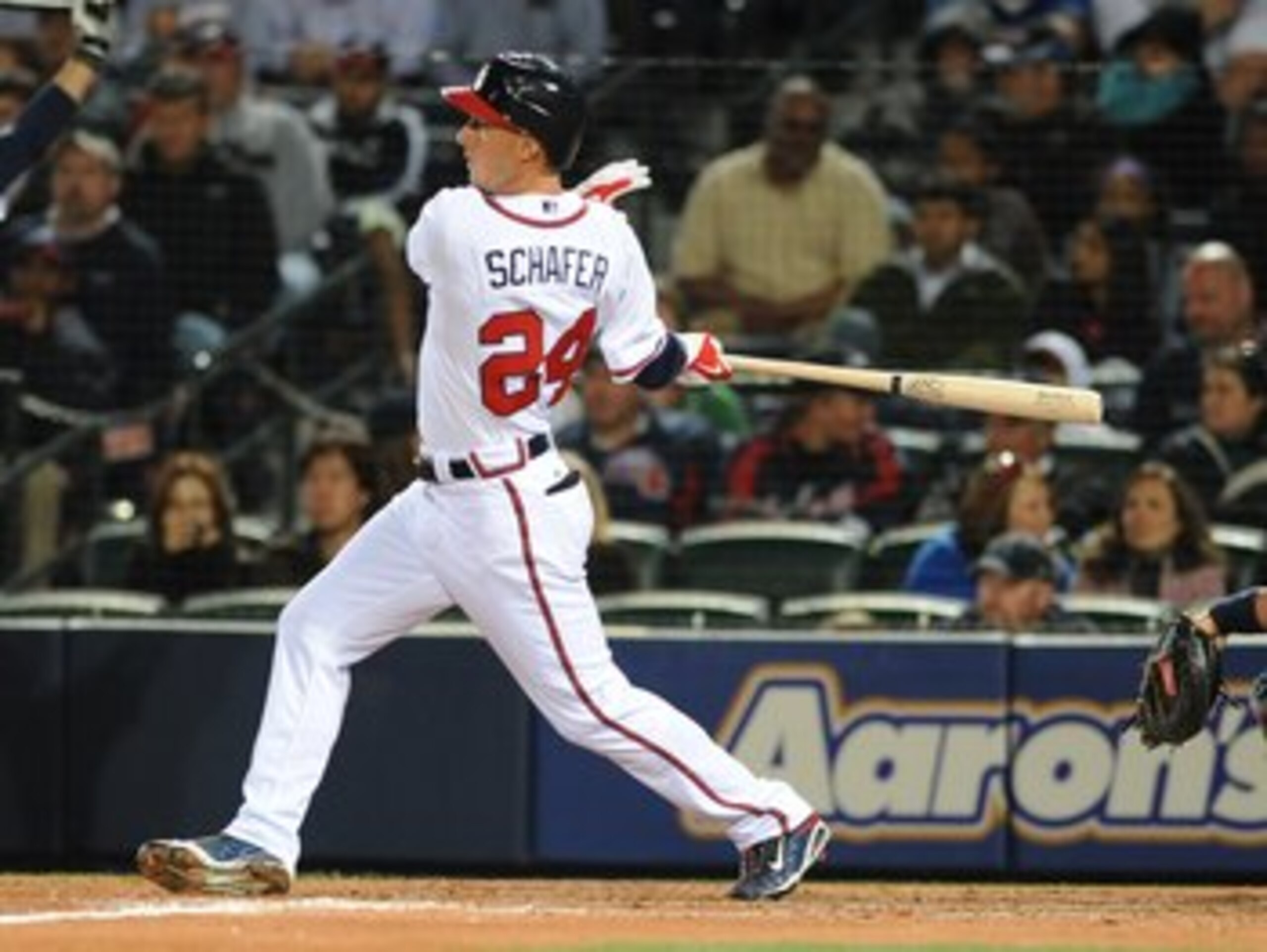ATLANTA - APRIL 11: Outfielder Jordan Schafer #24 of the Atlanta Braves bats against the Washington Nationals on April 11, 2009 at Turner Field in Atlanta, Georgia.  (Photo by Al Messerschmidt/Getty Images)