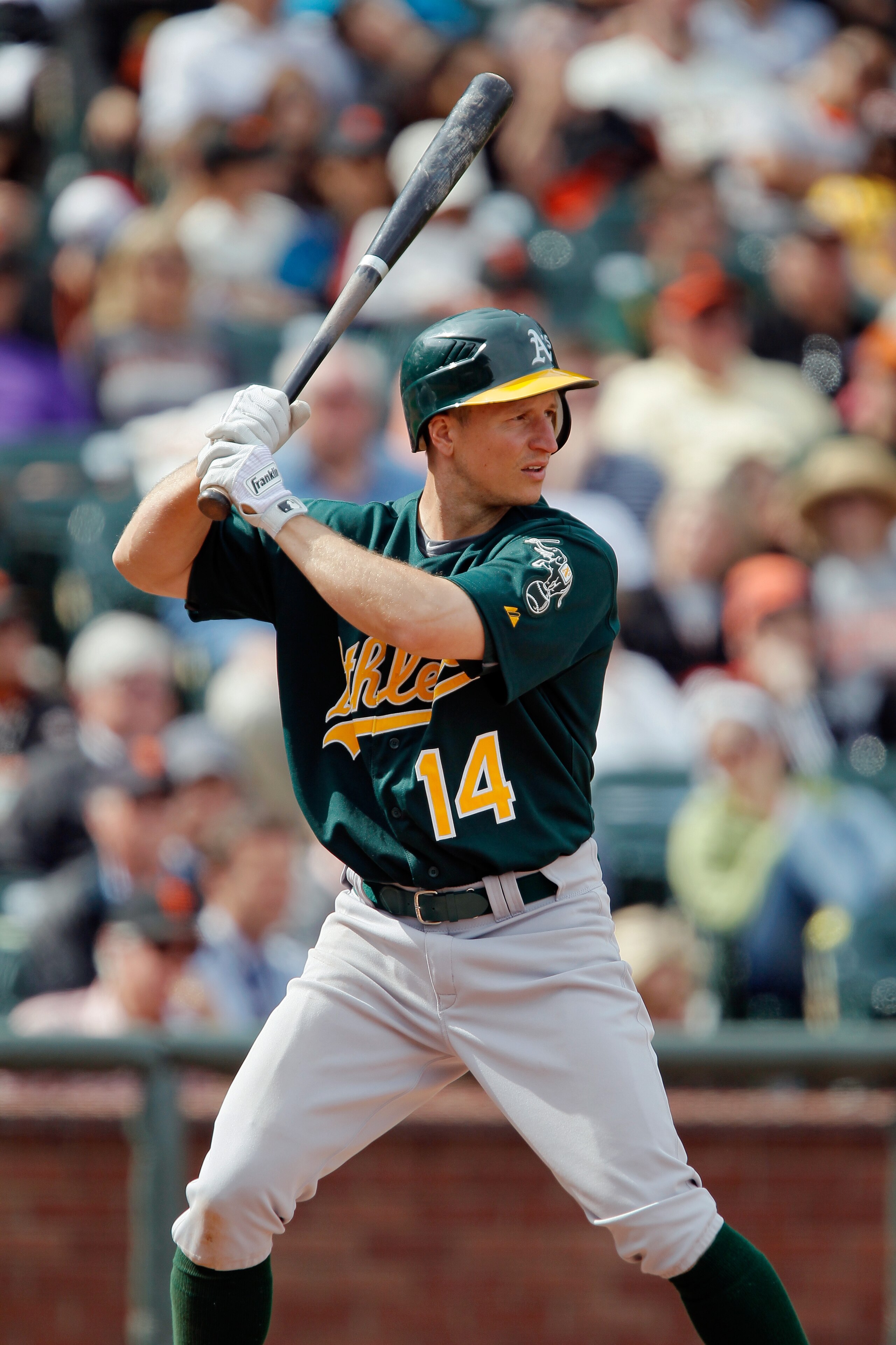SAN FRANCISCO, CA - MAY 22:  Mark Ellis #14 of the Oakland A's bats against the San Francisco Giants at AT&T Park on May 22, 2011 in San Francisco, California.  The Giants won 5-4.  (Photo by Brian Bahr/Getty Images)