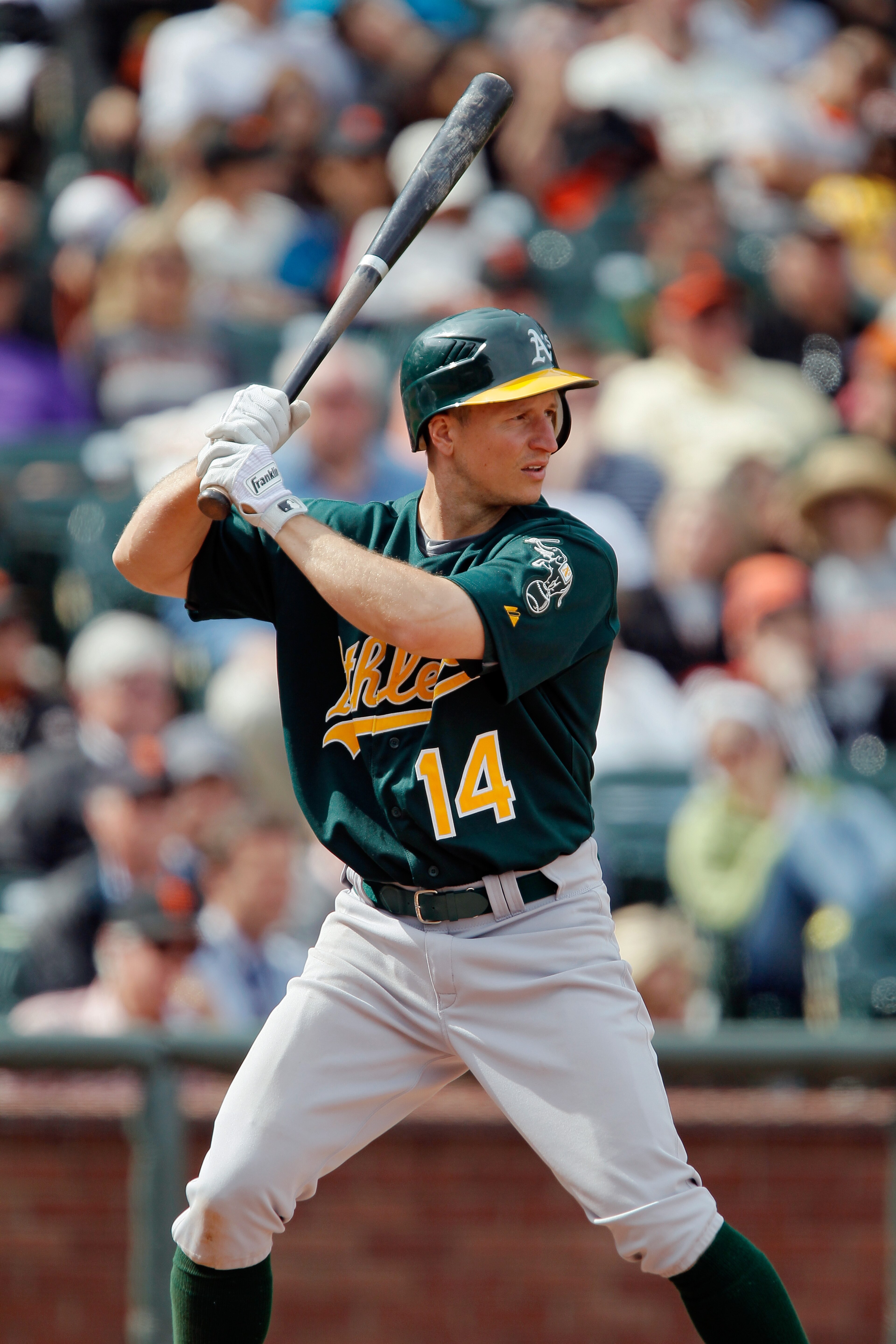SAN FRANCISCO, CA - MAY 22:  Mark Ellis #14 of the Oakland A's bats against the San Francisco Giants at AT&T Park on May 22, 2011 in San Francisco, California.  The Giants won 5-4.  (Photo by Brian Bahr/Getty Images)