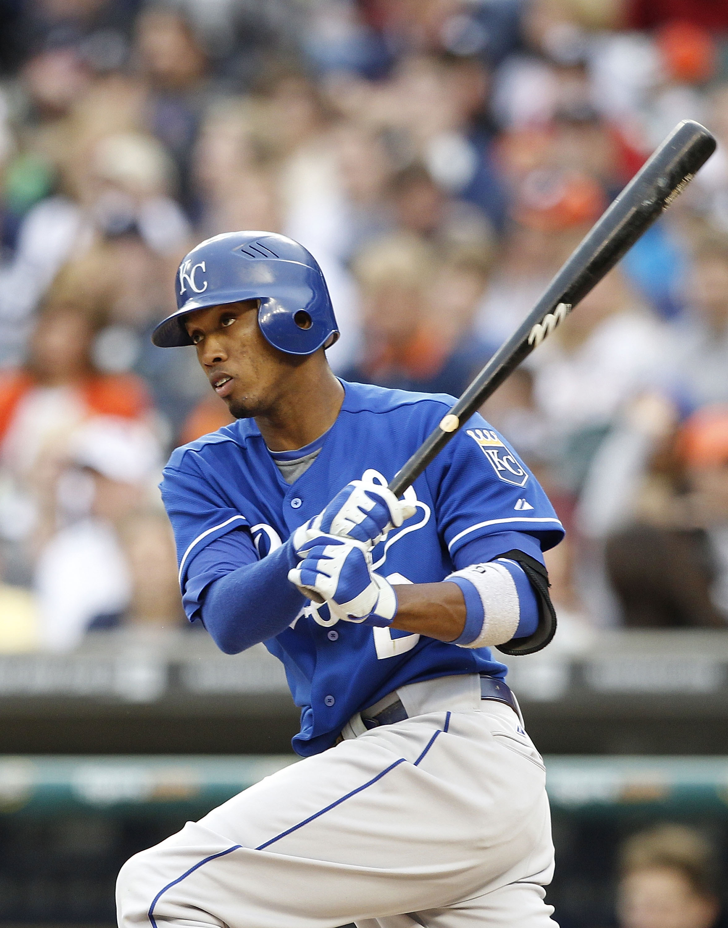 DETROIT, MI - MAY 14: Alcides Escobar #2 of the Kansas City Royals bats during the fifth inning of the game against the Detroit Tigers at Comerica Park on May 14, 2011 in Detroit, Michigan. The Tigers defeated the Royals 3-0.  (Photo by Leon Halip/Getty I