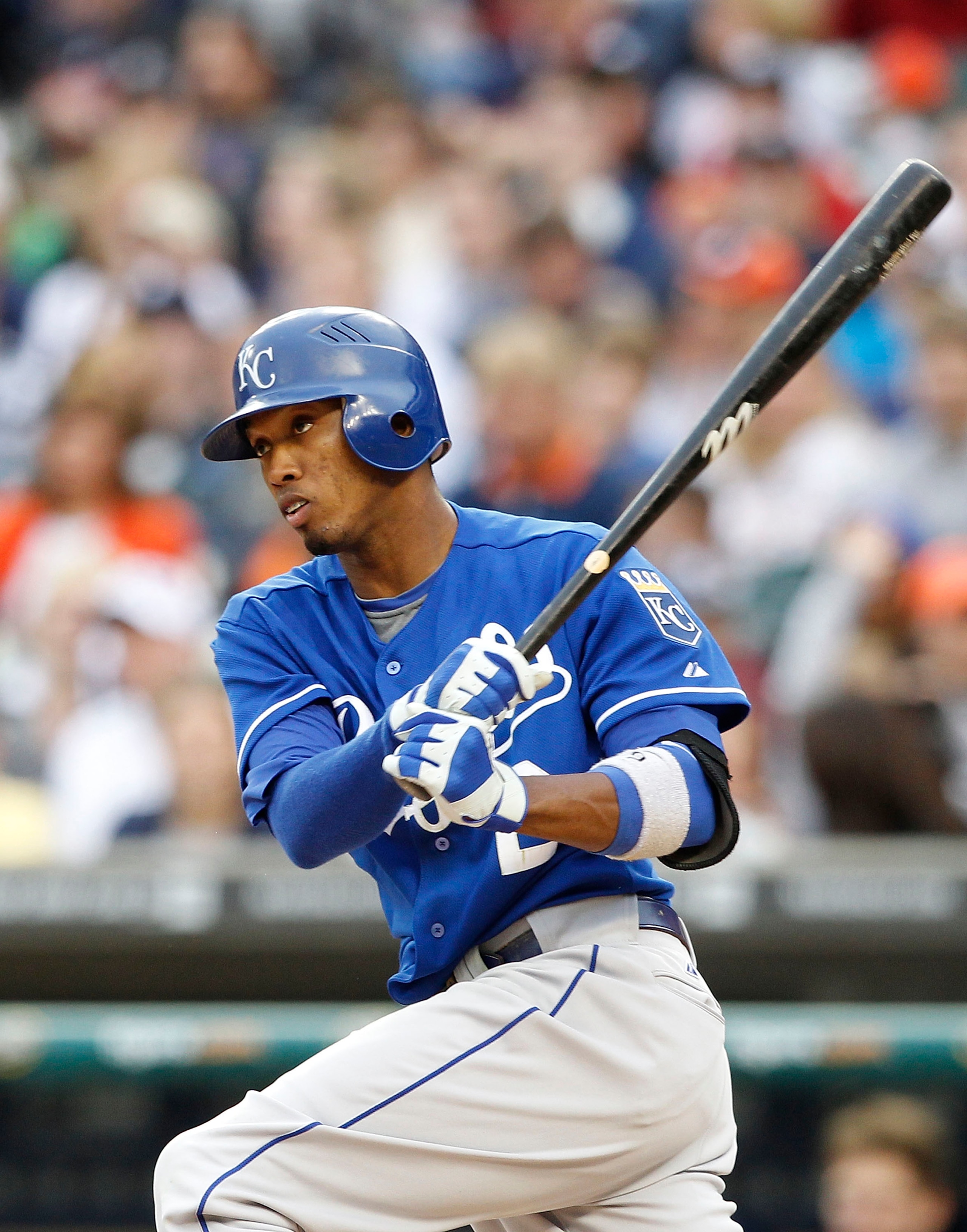 DETROIT, MI - MAY 14: Alcides Escobar #2 of the Kansas City Royals bats during the fifth inning of the game against the Detroit Tigers at Comerica Park on May 14, 2011 in Detroit, Michigan. The Tigers defeated the Royals 3-0.  (Photo by Leon Halip/Getty I