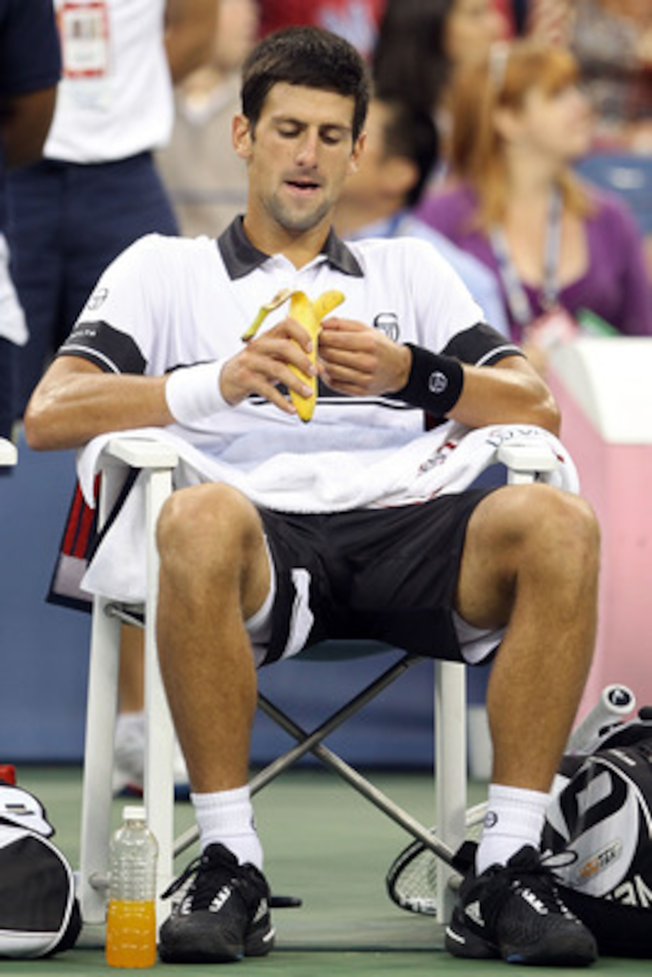 NEW YORK - SEPTEMBER 13:  Novak Djokovic of Serbia eats a banana during his men's singles final match against Rafael Nadal of Spain on day fifteen of the 2010 U.S. Open at the USTA Billie Jean King National Tennis Center on September 13, 2010 in the Flush