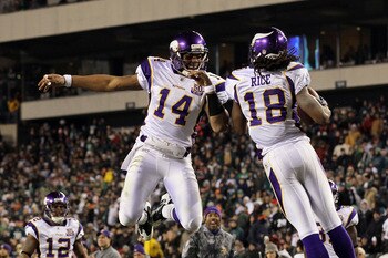 PHILADELPHIA, PA - DECEMBER 28: Joe Webb #14 and Sidney Rice #18 of the Minnesota Vikings celebrate after a play against the Philadelphia Eagles at Lincoln Financial Field on December 28, 2010 in Philadelphia, Pennsylvania. (Photo by Jim McIsaac/Getty Ima