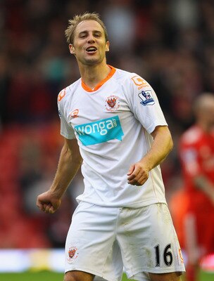 LIVERPOOL, ENGLAND - OCTOBER 03:  Luke Varney of Blackpool celebrates after victory over Liverpool the Barclays Premier League match between Liverpool and Blackpool at Anfield on October 3, 2010 in Liverpool, England.  (Photo by Alex Livesey/Getty Images)