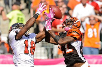 CINCINNATI, OH - OCTOBER 10: Johnathan Joseph #22 of the Cincinnati Bengals breaks up a pass intended for Sammie Stroughter #18 of the Tampa Bay Buccaneers at Paul Brown Stadium on October 10, 2010 in Cincinnati, Ohio. (Photo by Jamie Sabau/Getty Images)