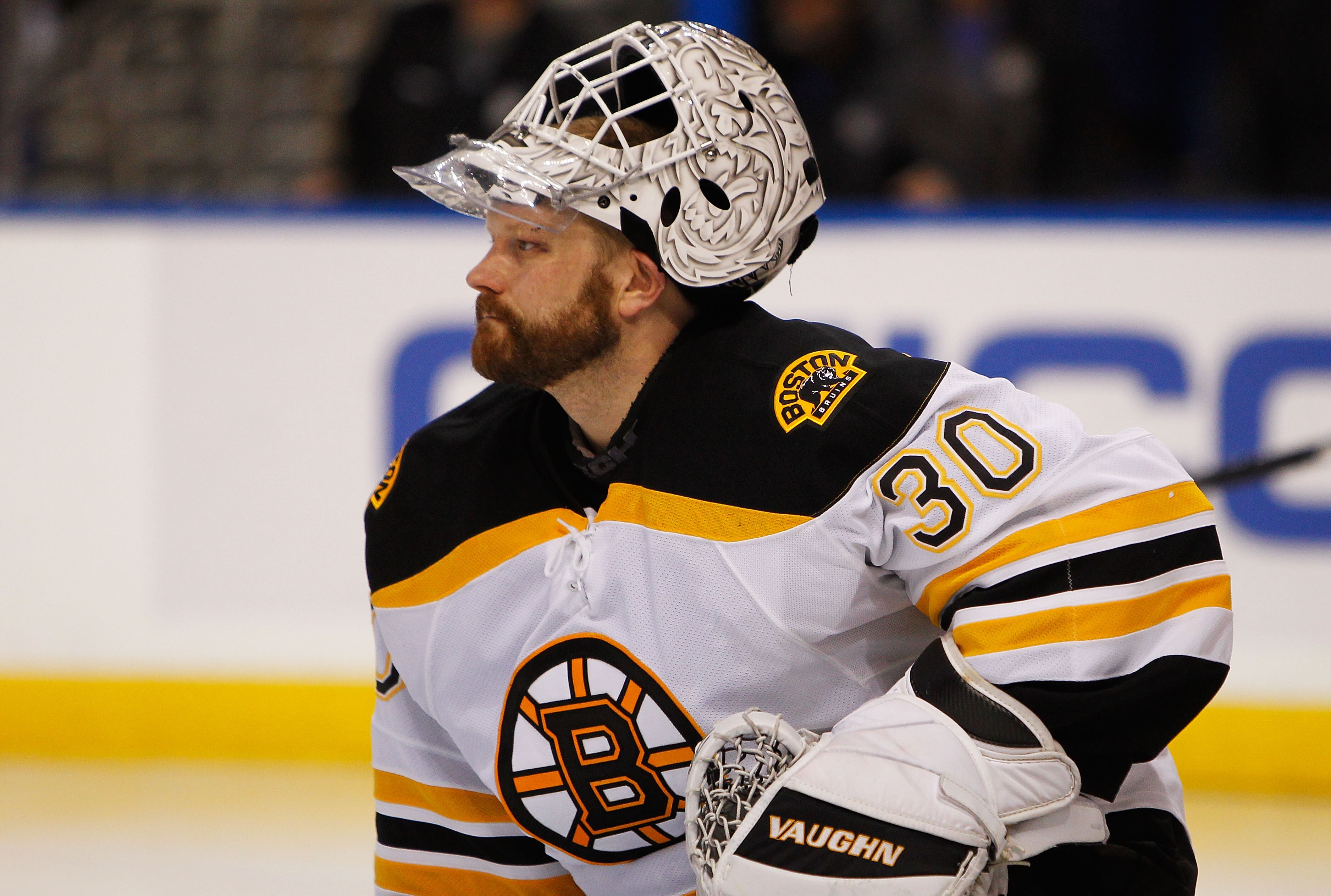 TAMPA, FL - MAY 19:  Tim Thomas #30 of the Boston Bruins looks on in Game Three of the Eastern Conference Finals against the Tampa Bay Lightning during the 2011 NHL Stanley Cup Playoffs at St Pete Times Forum on May 19, 2011 in Tampa, Florida.  (Photo by 