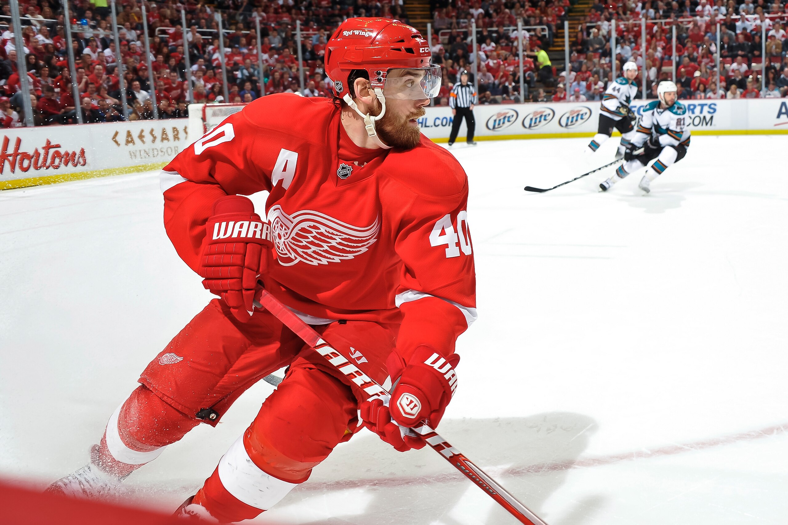 DETROIT - MAY 4: Henrik Zetterberg #40 of the Detroit Red Wings skates against the San Jose Sharks in Game Three of the Western Conference Semifinals during the 2011 NHL Stanley Cup Playoffs on May 4, 2011 at Joe Louis Arena in Detroit, Michigan. (Photo b