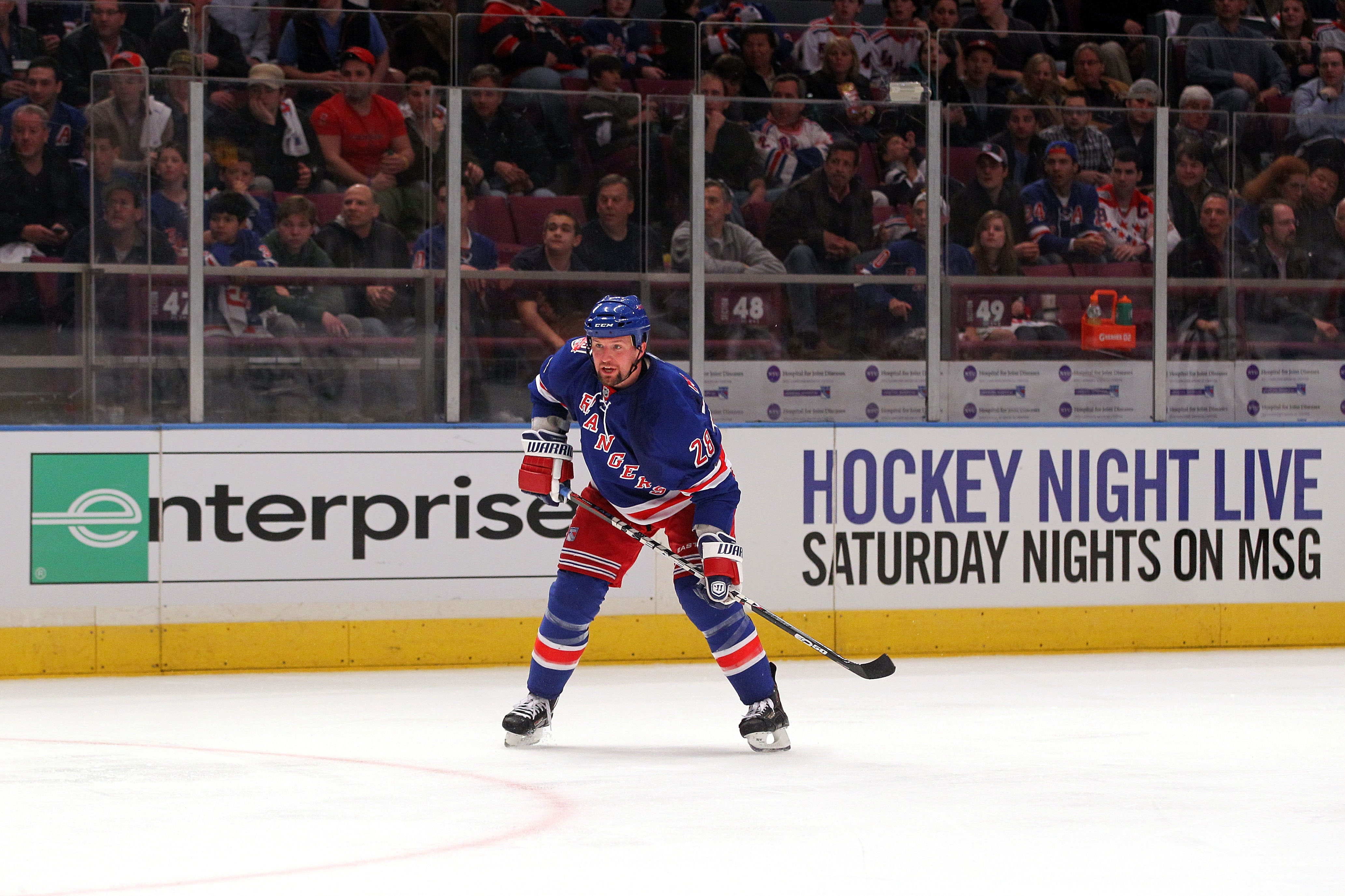 NEW YORK, NY - APRIL 17:  Bryan McCabe #28 of the New York Rangers stands on ice against the Washington Capitals in Game Three of the Eastern Conference Quarterfinals during the 2011 NHL Stanley Cup Playoffs at Madison Square Garden on April 17, 2011 in N