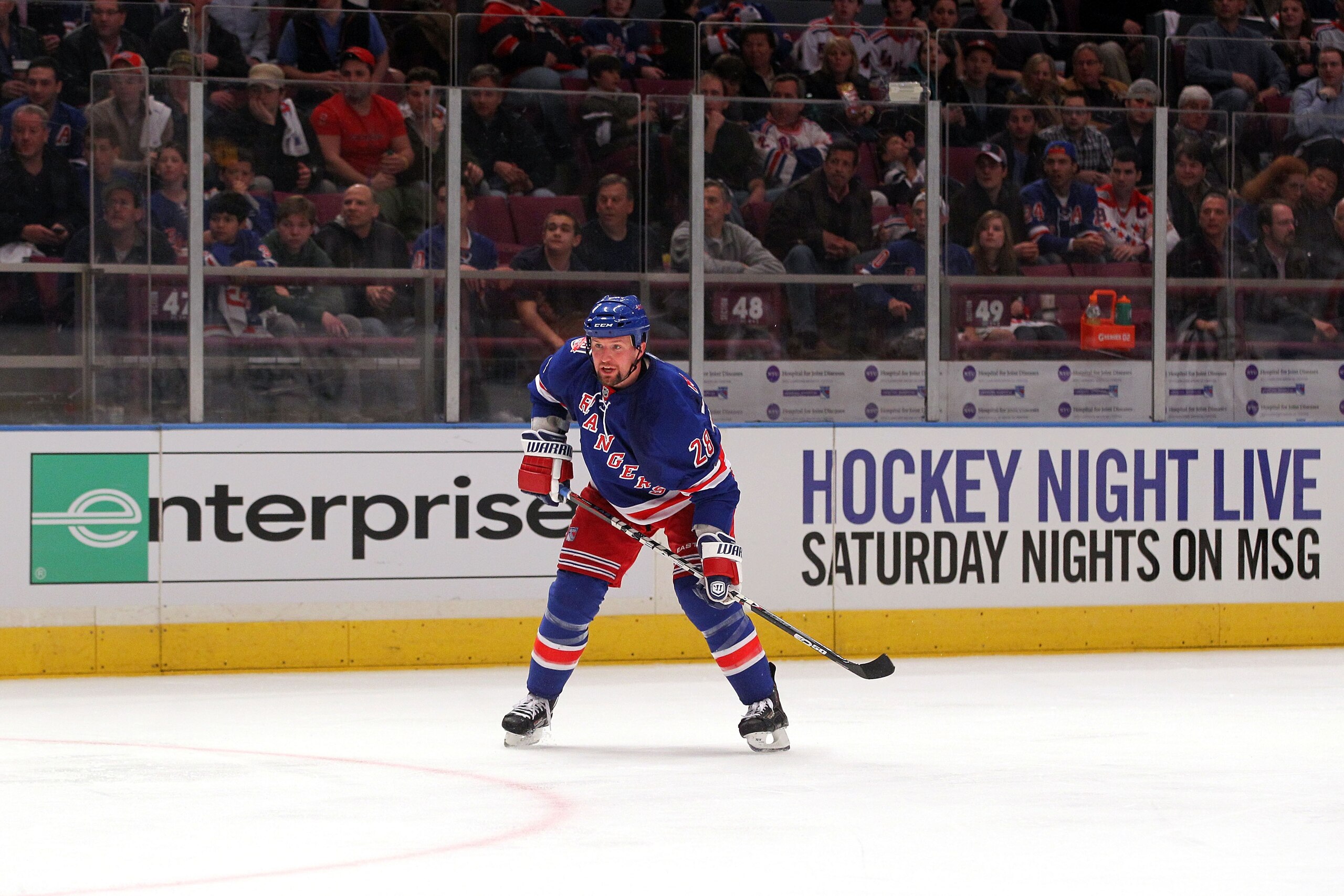 NEW YORK, NY - APRIL 17:  Bryan McCabe #28 of the New York Rangers stands on ice against the Washington Capitals in Game Three of the Eastern Conference Quarterfinals during the 2011 NHL Stanley Cup Playoffs at Madison Square Garden on April 17, 2011 in N