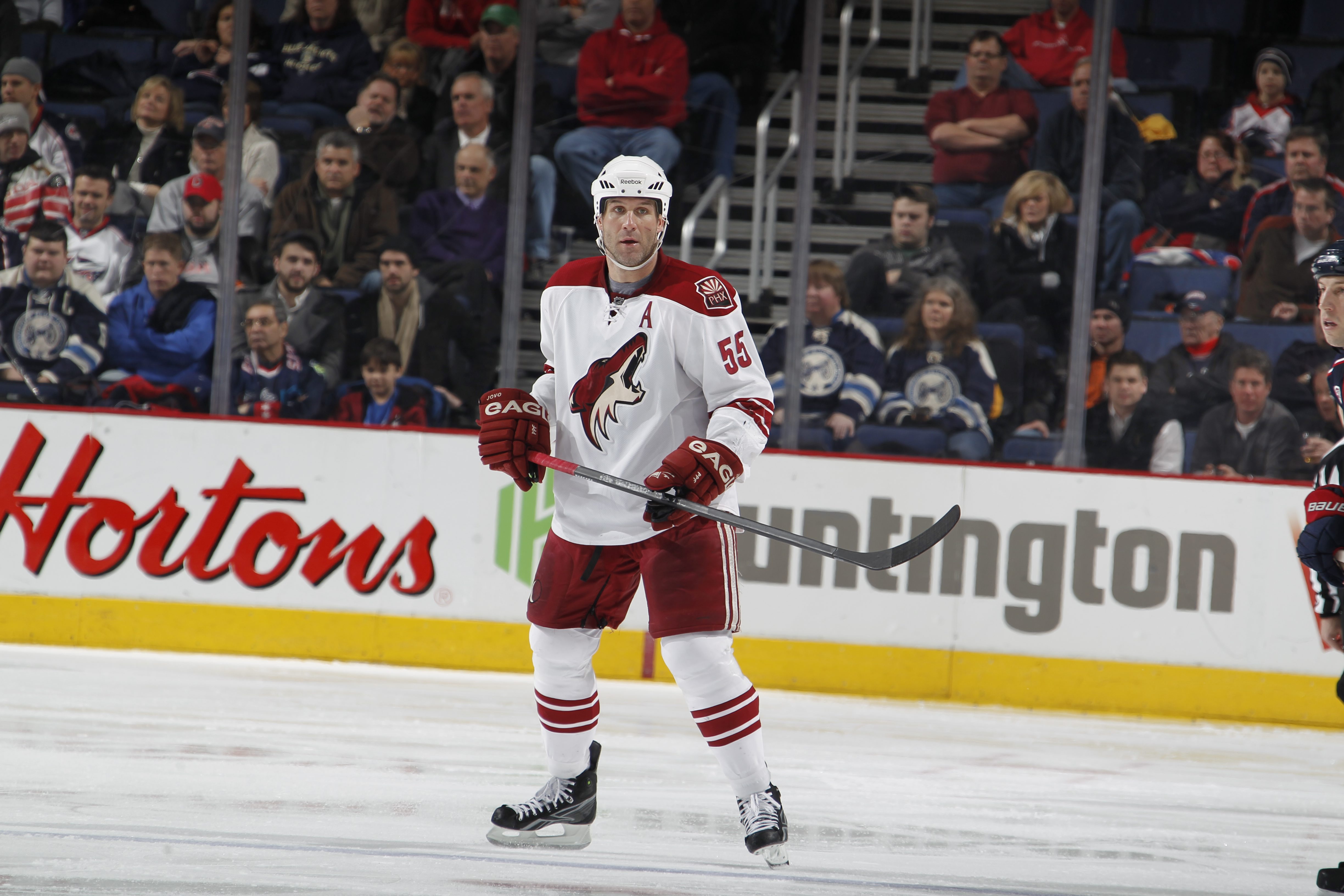 COLUMBUS, OH - JANUARY 11: Ed Jovanovski #55 of the Phoenix Coyotes skates against the Columbus Blue Jackets during a game on January 11, 2011 at the Nationwide Arena in Columbus, Ohio. (Photo by Gregory Shamus/Getty Images)