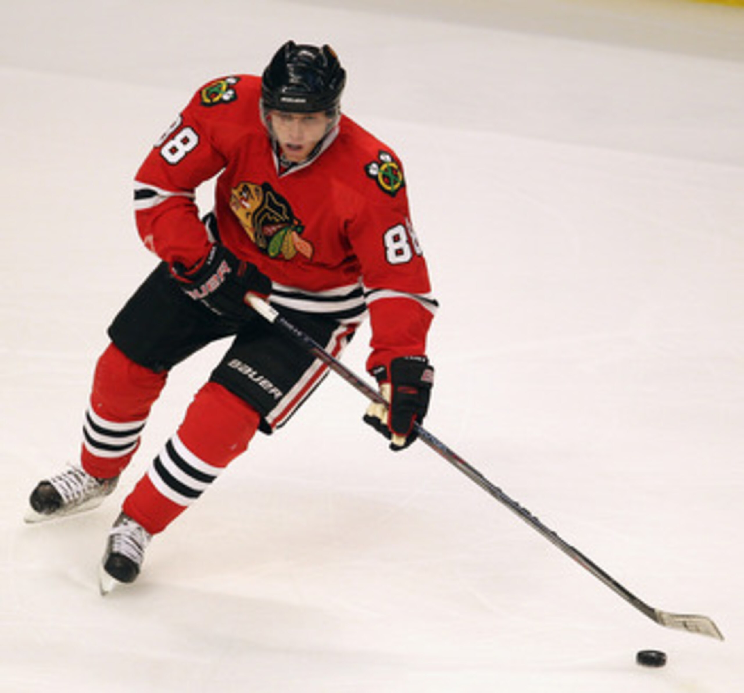 CHICAGO, IL - APRIL 19: Patrick Kane #88 of the Chicago Blackhawks looks to pass against the Vancouver Canucks in Game Four of the Western Conference Quarterfinals during the 2011 NHL Stanley Cup Playoffs at the United Center on April 19, 2011 in Chicago,