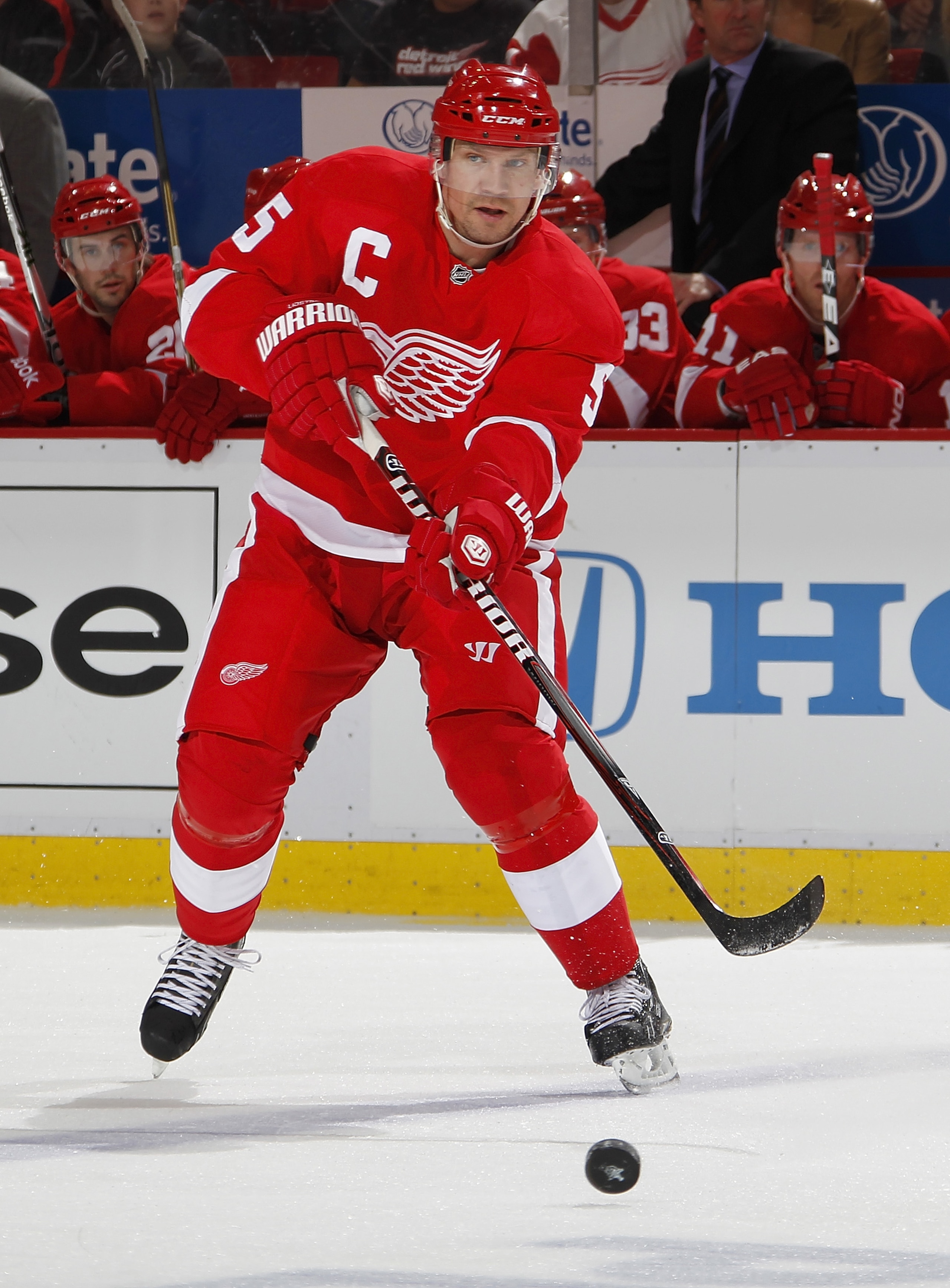 DETROIT, MI - APRIL 16: Nicklas Lidstrom #5 of the Detroit Red Wings skates with the puck while playing the Phoenix Coyotes in Game Two of the Western Conference Quarterfinals during the 2011 Stanley Cup Playoffs at Joe Louis Arena on April 16, 2011 in De