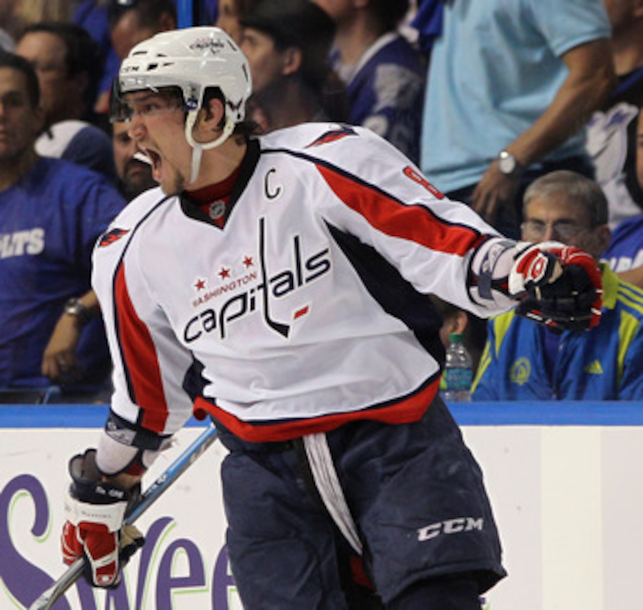 TAMPA, FL - MAY 03:  Alex Ovechkin #8 of the Washington Capitals scores a power play goal at 17:27 of the second period against the Tampa Bay Lightning in Game Three of the Eastern Conference Semifinals during the 2011 NHL Stanley Cup Playoffs at St Pete 