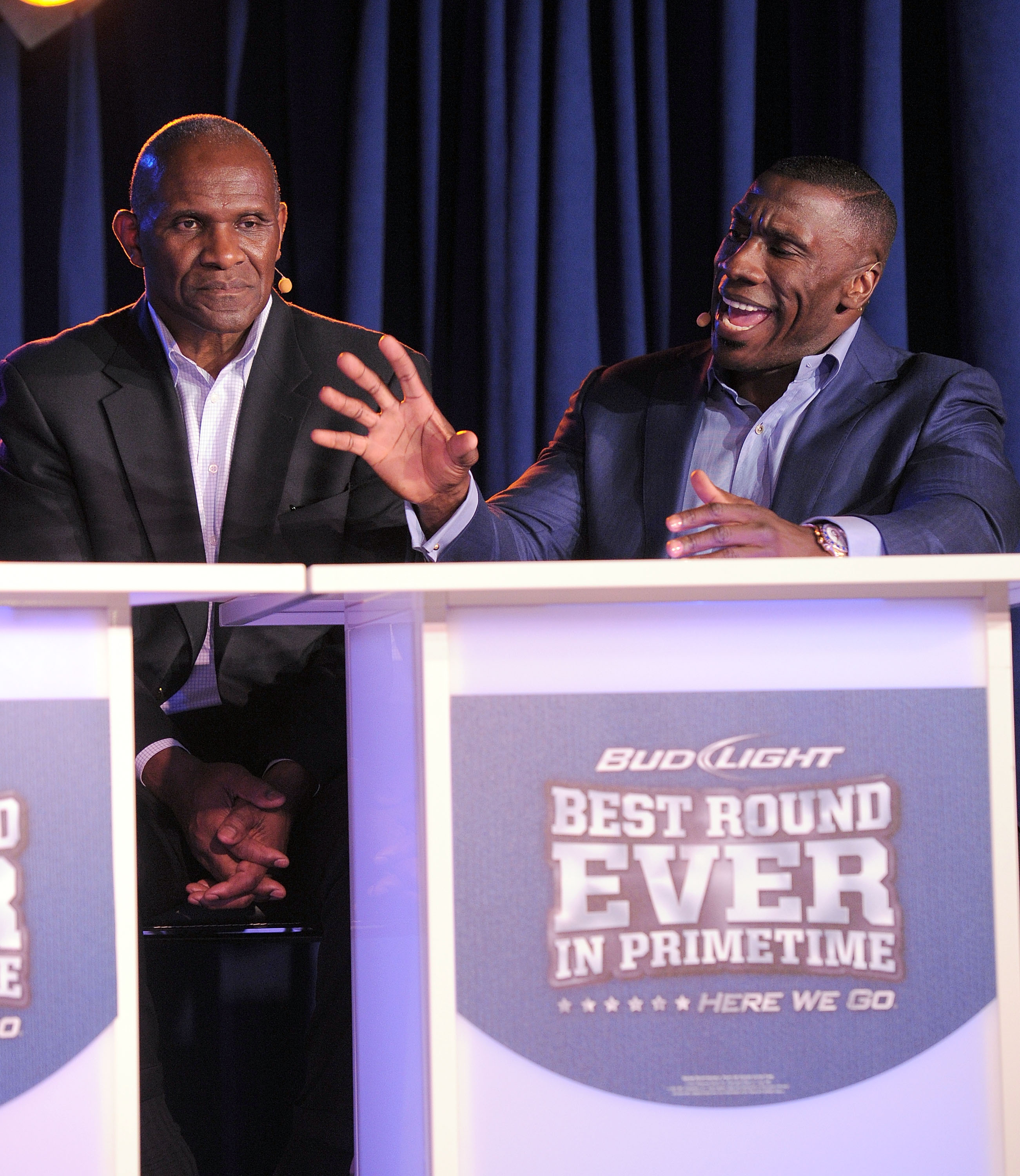 NEW YORK, NY - APRIL 27:  Pro Football Hall of Fame members Harry Carson and Shannon Sharpe discuss the NFL Draft at the Bud Light 'Best Round Ever' Pre-Draft Party on April 27, 2011 in New York City. Bud Light, the new official beer of the NFL, offered f