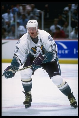 18 Sep 1996: Leftwinger Jari Kurri of the Anaheim Mighty Ducks looks on during a preseason game against the New York Rangers at Arrowhead Pond in Anaheim, California. The Ducks won the game, 4-1.