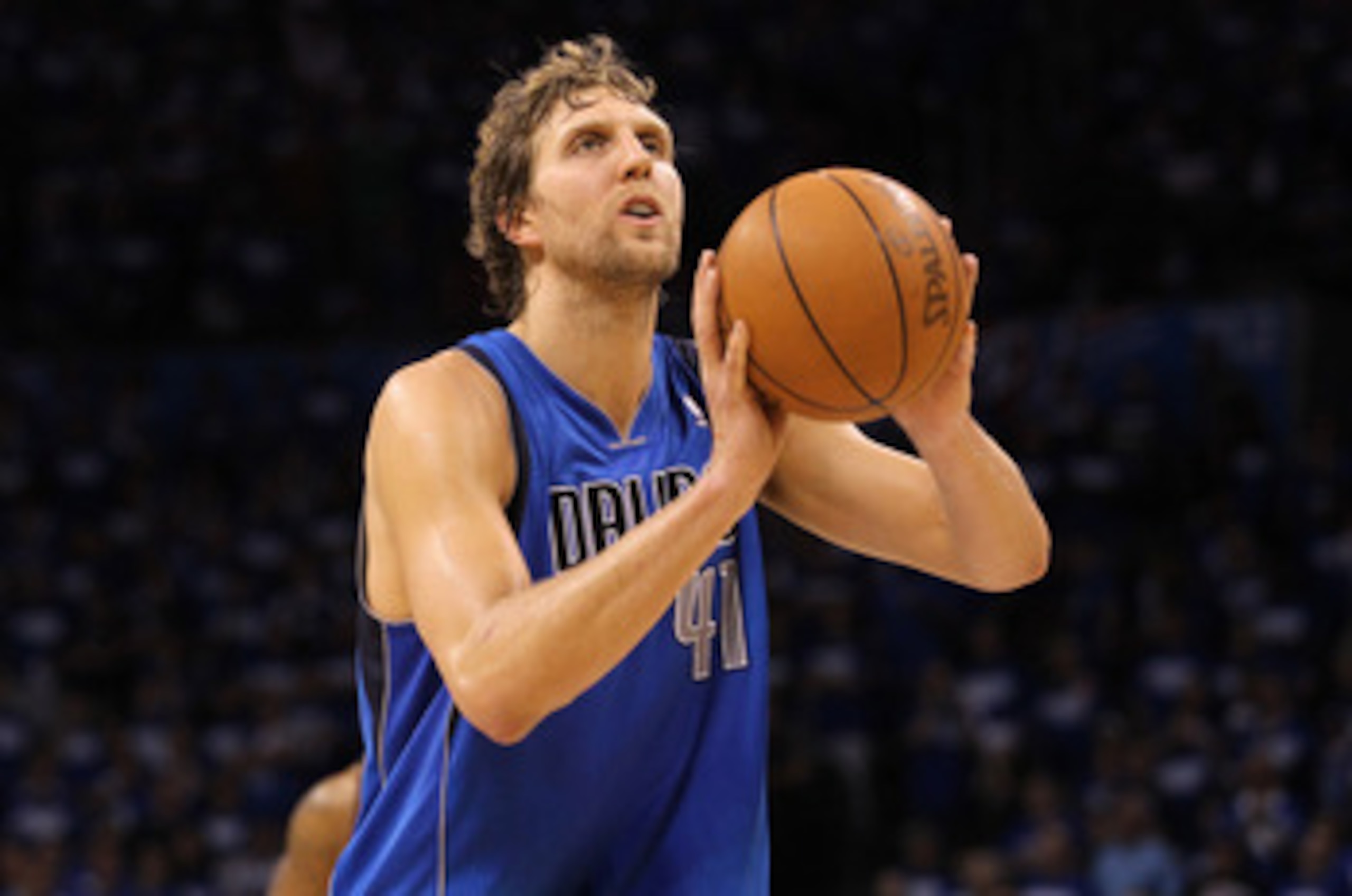 OKLAHOMA CITY, OK - MAY 21: Dirk Nowitzki #41 of the Dallas Mavericks shoots a free throw while taking on the Oklahoma City Thunder in Game Three of the Western Conference Finals during the 2011 NBA Playoffs at Oklahoma City Arena on May 21, 2011 in Okla OKLAHOMA CITY, OK - MAY 21: Dirk Nowitzki #41 of the Dallas Mavericks shoots a free throw while taking on the Oklahoma City Thunder in Game Three of the Western Conference Finals during the 2011 NBA Playoffs at Oklahoma City Arena on May 21, 2011 in Okla