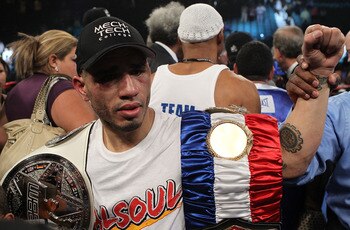 LAS VEGAS - MARCH 12:  Miguel Cotto celebrates his tko knockout win in the twelfth round against Ricardo Mayorga during their WBA Super Welterweight title bout at the MGM Grand Garden Arena on March 12, 2011 in Las Vegas, Nevada.  (Photo by Al Bello/Getty