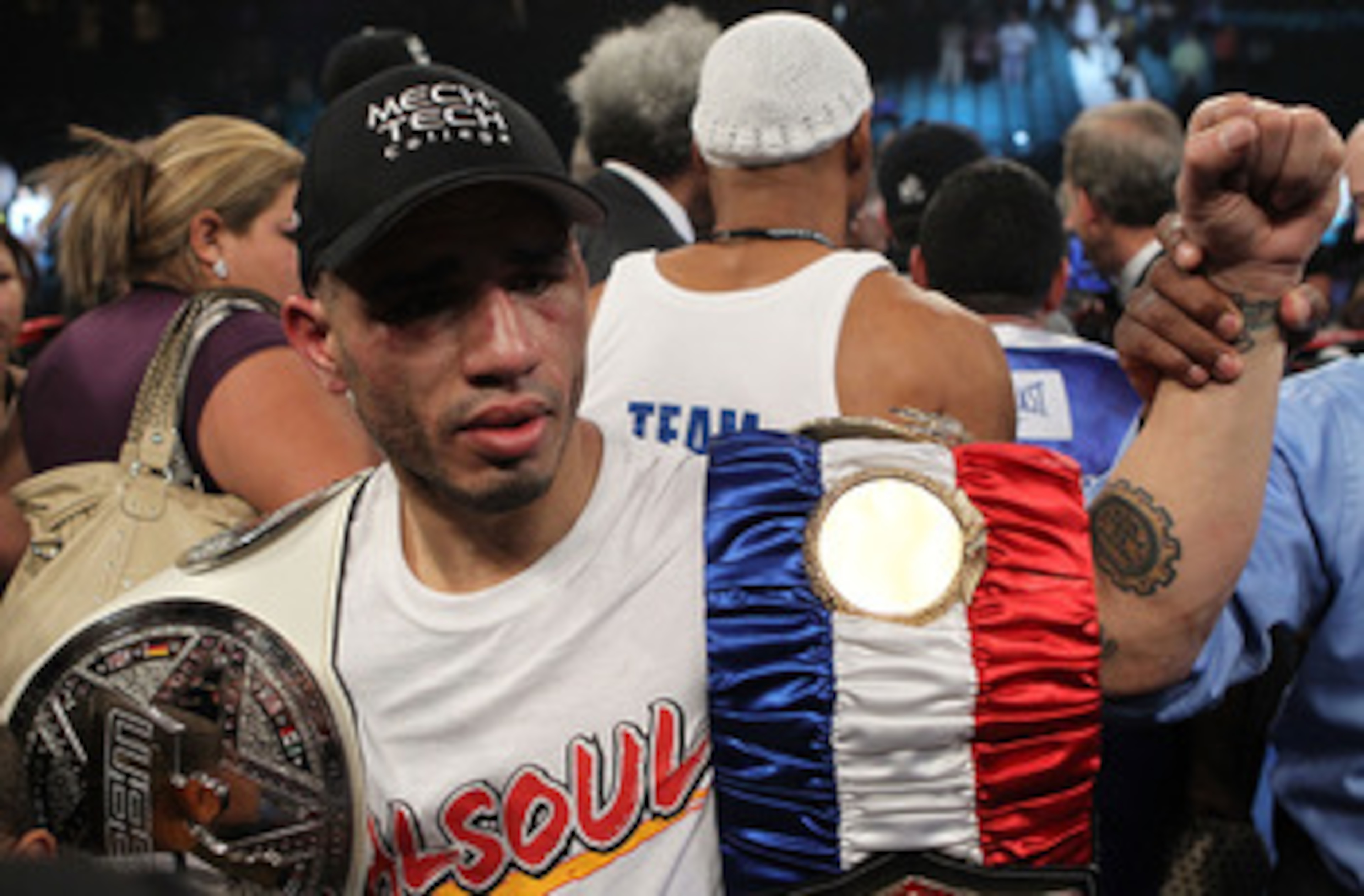 LAS VEGAS - MARCH 12:  Miguel Cotto celebrates his tko knockout win in the twelfth round against Ricardo Mayorga during their WBA Super Welterweight title bout at the MGM Grand Garden Arena on March 12, 2011 in Las Vegas, Nevada.  (Photo by Al Bello/Getty