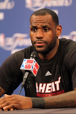MIAMI, FL - MAY 30:  LeBron James #6 of the Miami Heat talks with the press during practice before Game 1 of the 2011 NBA Finals against the Dallas Mavericks on May 30, 2011 at American Airlines Arena in Miami, Florida. NOTE TO USER: User expressly acknow