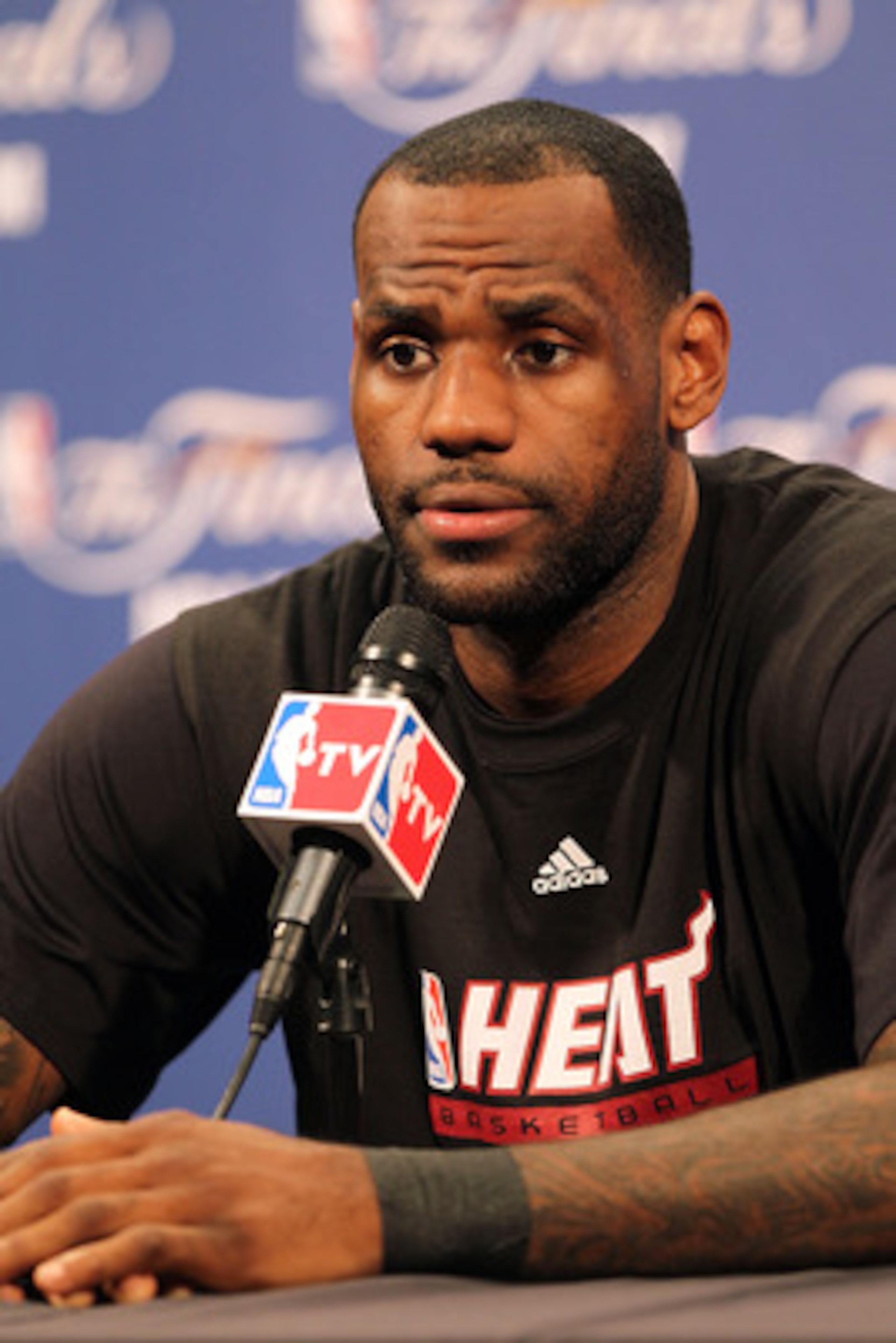 MIAMI, FL - MAY 30:  LeBron James #6 of the Miami Heat talks with the press during practice before Game 1 of the 2011 NBA Finals against the Dallas Mavericks on May 30, 2011 at American Airlines Arena in Miami, Florida. NOTE TO USER: User expressly acknow