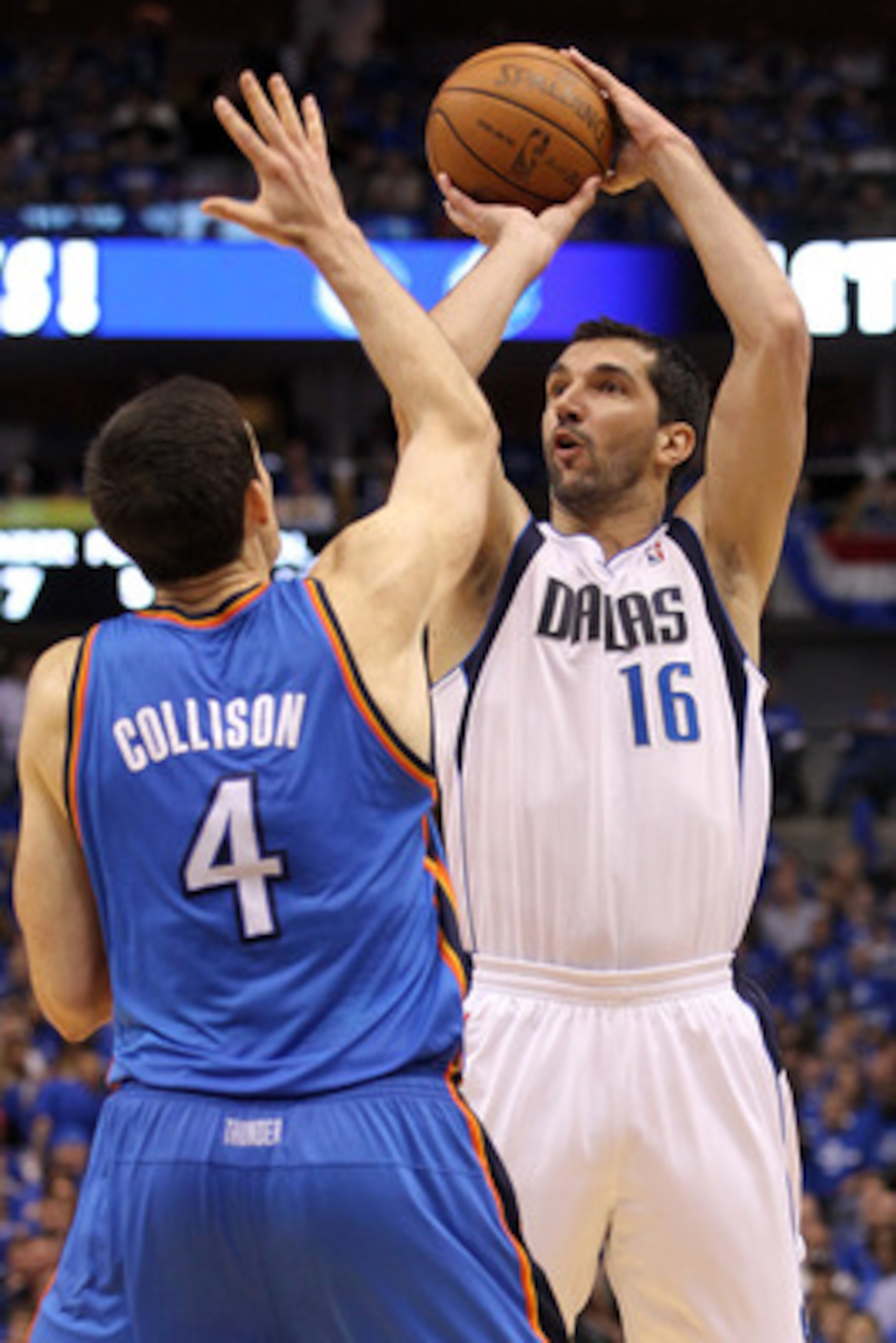 DALLAS, TX - MAY 19: Peja Stojakovic #16 of the Dallas Mavericks shoots the ball over Nick Collison #4 of the Oklahoma City Thunder in Game Two of the Western Conference Finals during the 2011 NBA Playoffs at American Airlines Center on May 19, 2011 in D DALLAS, TX - MAY 19: Peja Stojakovic #16 of the Dallas Mavericks shoots the ball over Nick Collison #4 of the Oklahoma City Thunder in Game Two of the Western Conference Finals during the 2011 NBA Playoffs at American Airlines Center on May 19, 2011 in D