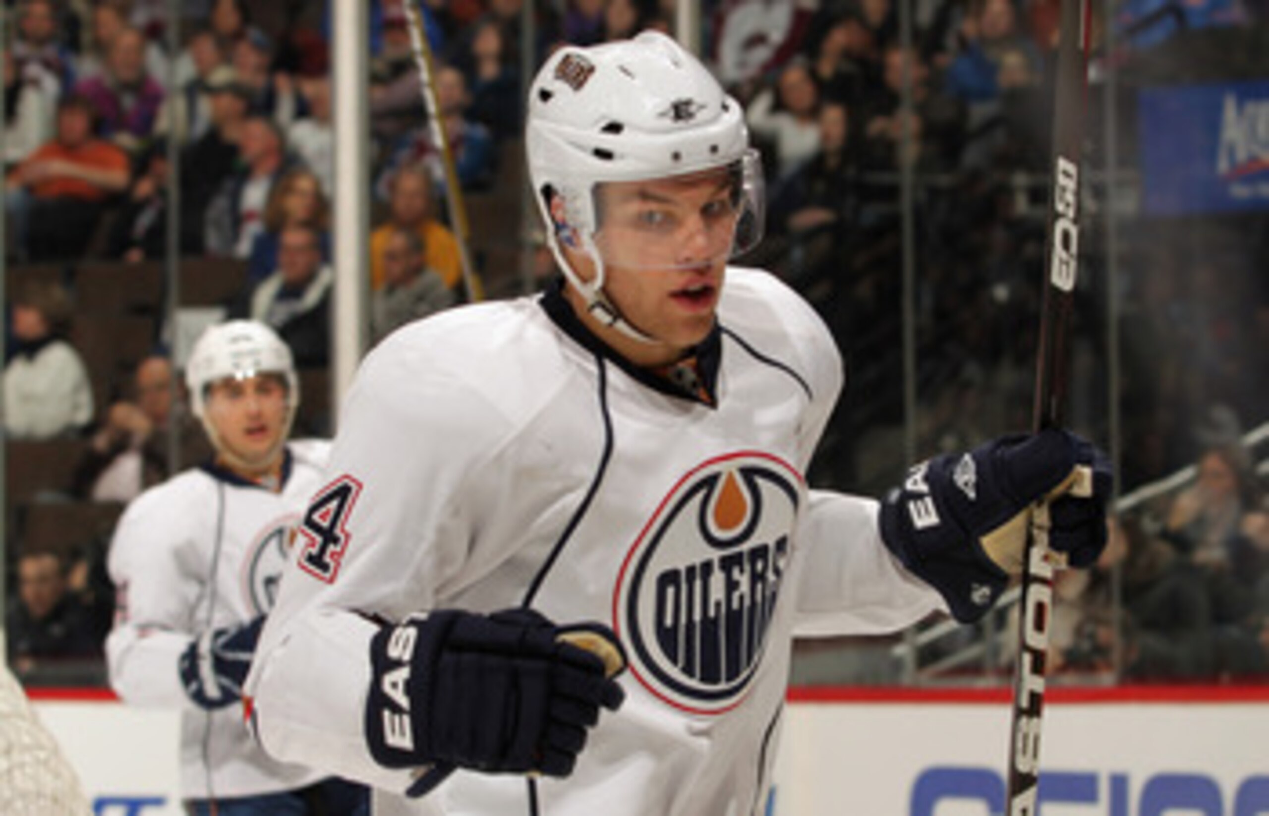 DENVER, CO - FEBRUARY 23:  Taylor Hall #4 of the Edmonton Oilers celebrates his second period goal against the Colorado Avalanche at the Pepsi Center on February 23, 2011 in Denver, Colorado.  (Photo by Doug Pensinger/Getty Images)