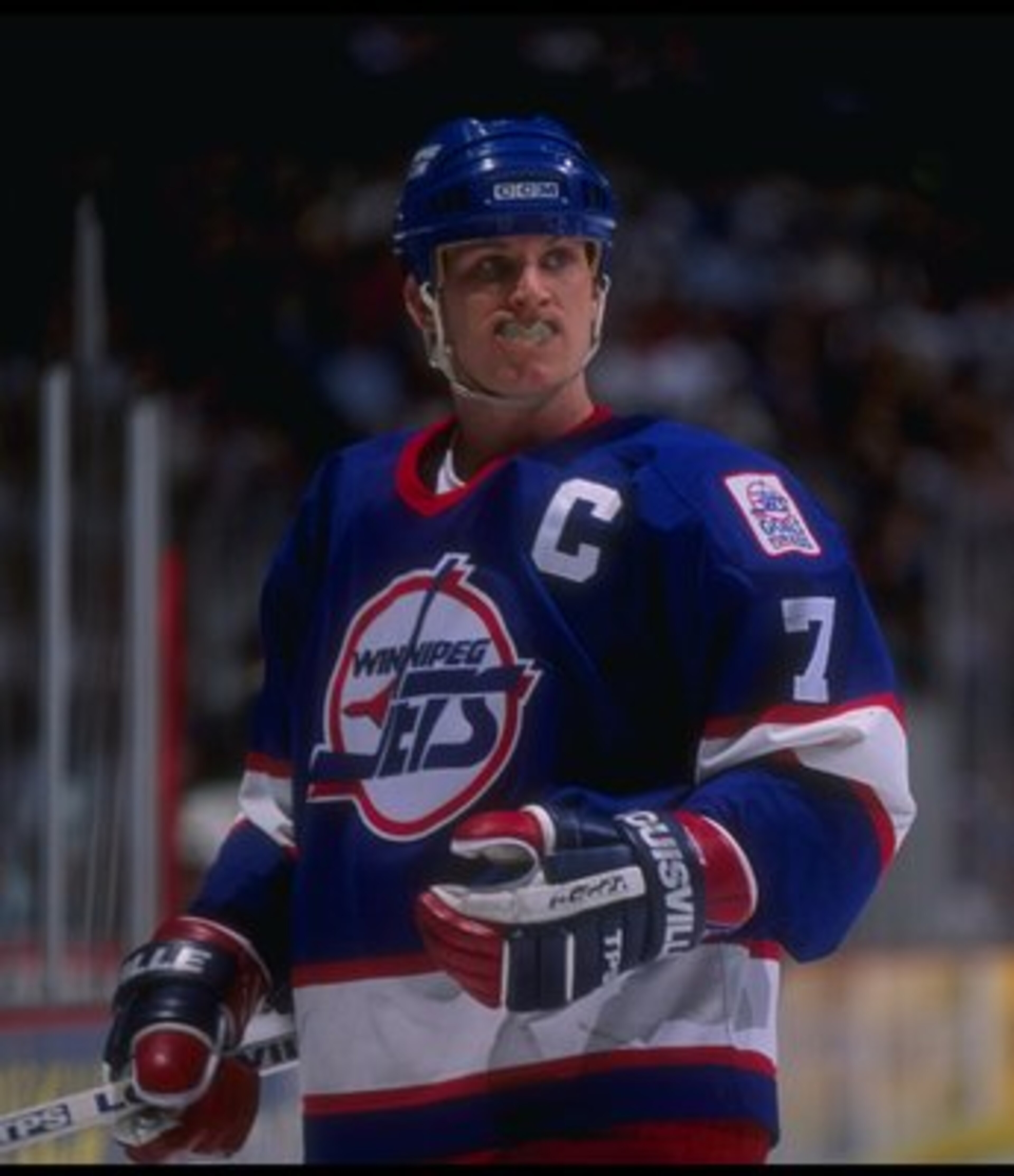 27 Jan 1995:  Leftwinger Keith Tkachuk of the Winnipeg Jets looks on during a game against the Anaheim Mighty Ducks at Arrowhead Pond in Anaheim, California.  The Ducks won the game, 3-2. Mandatory Credit: Al Bello  /Allsport