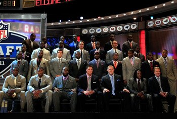NEW YORK, NY - APRIL 28: NFL Commissioner Roger Goodell (botom row R) poses for a photo on stage with the members of the 2011 Draft class and the 2011 Pro Football Hall of Fame class during the 2011 NFL Draft at Radio City Music Hall on April 28, 2011 in NEW YORK, NY - APRIL 28: NFL Commissioner Roger Goodell (botom row R) poses for a photo on stage with the members of the 2011 Draft class and the 2011 Pro Football Hall of Fame class during the 2011 NFL Draft at Radio City Music Hall on April 28, 2011 in