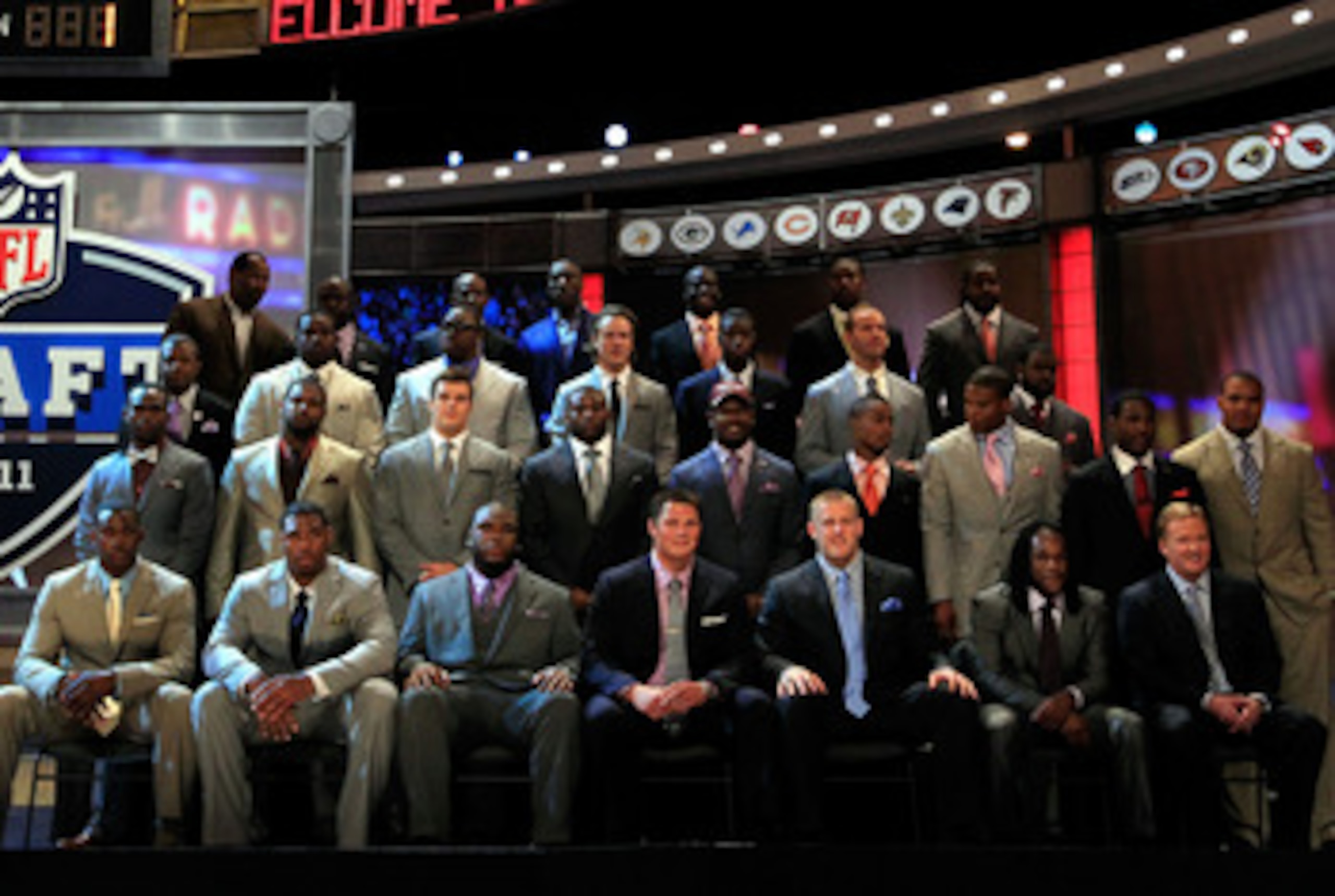 NEW YORK, NY - APRIL 28:  NFL Commissioner Roger Goodell (botom row R) poses for a photo on stage with the members of the 2011 Draft class and the 2011 Pro Football Hall of Fame class during the 2011 NFL Draft at Radio City Music Hall on April 28, 2011 in