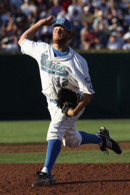 OMAHA, NE - JUNE 28:  Starting pitcher Gerrit Cole #12 of the UCLA Bruins pitches against the South Carolina Gamecocks during game 1 of the men's 2010 NCAA College Baseball World Series at Rosenblatt Stadium on June 28, 2010 in Omaha, Nebraska.  (Photo by