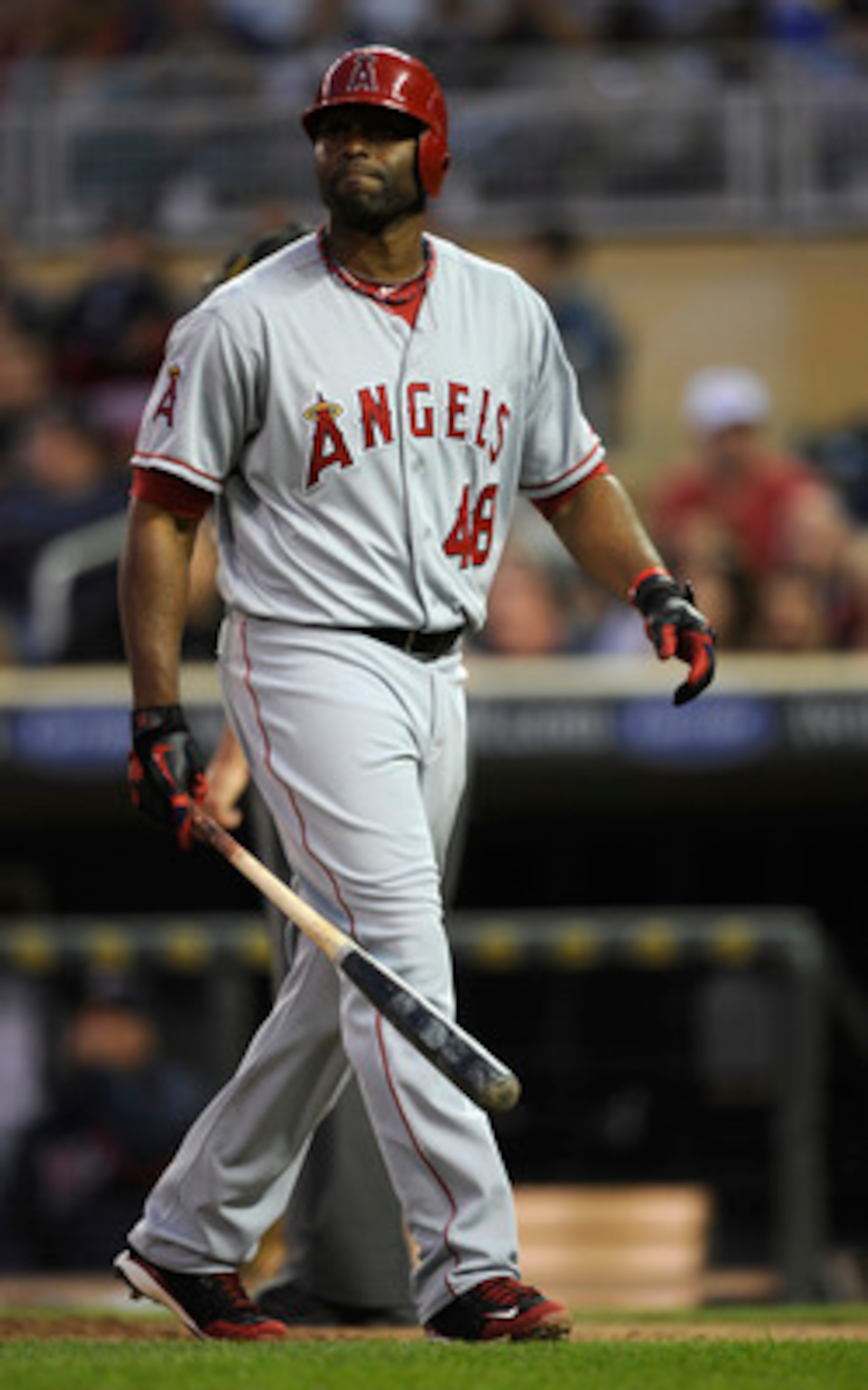 MINNEAPOLIS, MN - MAY 28: Torii Hunter #48 of the Los Angeles Angels of Anaheim reacts to a strike out by the Minnesota Twins during the ninth inning of their game on May 28, 2011 at Target Field in Minneapolis, Minnesota. Twins defeated the Angels in ten