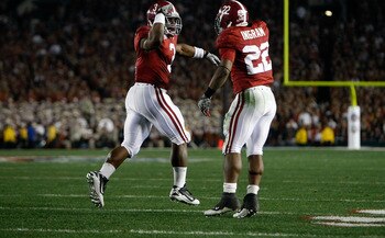 PASADENA, CA - JANUARY 07:  Running back Trent Richardson #3 of the Alabama Crimson Tide celebrates with Mark Ingram #22 after Richardson  runs for a 49-yard touchdown against the Texas Longhorns in the second quarter of the Citi BCS National Championship