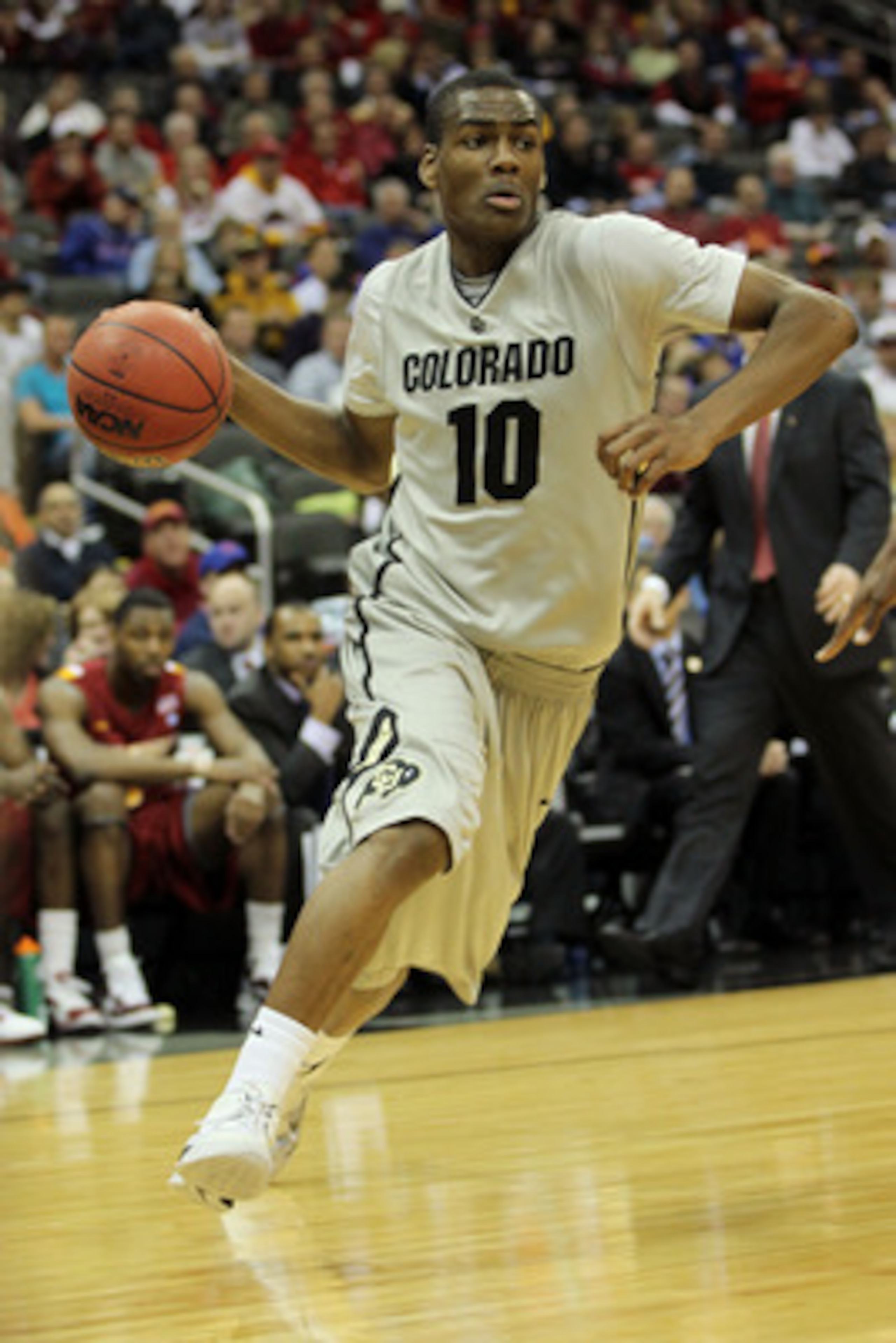 KANSAS CITY, MO - MARCH 09:  Alec Burks #10 of the Colorado Buffaloes drives with the ball against the Iowa State Cyclones during the first round of the 2011 Phillips 66 Big 12 Men's Basketball Tournament at Sprint Center on March 9, 2011 in Kansas City, 