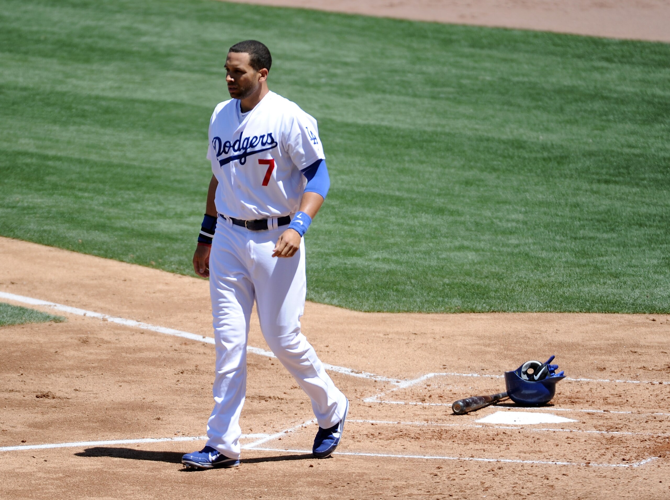 LOS ANGELES, CA - MAY 01:  James Loney #7 of the Los Angeles Dodgers walks off home plate after his strikeout to end the second inning against the San Diego Padres at Dodger Stadium on May 1, 2011 in Los Angeles, California.  (Photo by Harry How/Getty Ima